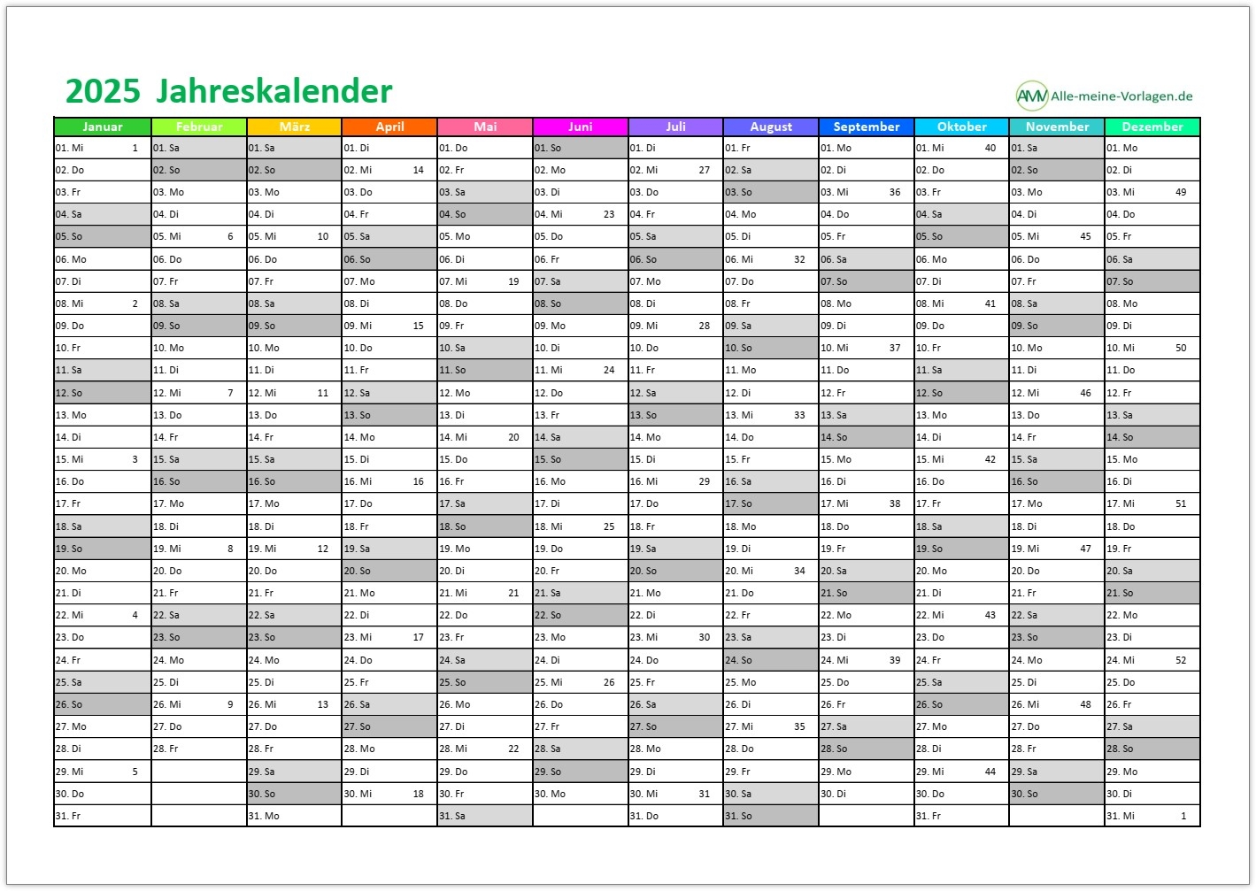 Kalender 2025 Als Excel Vorlage Und PDF Alle meine Vorlagen de