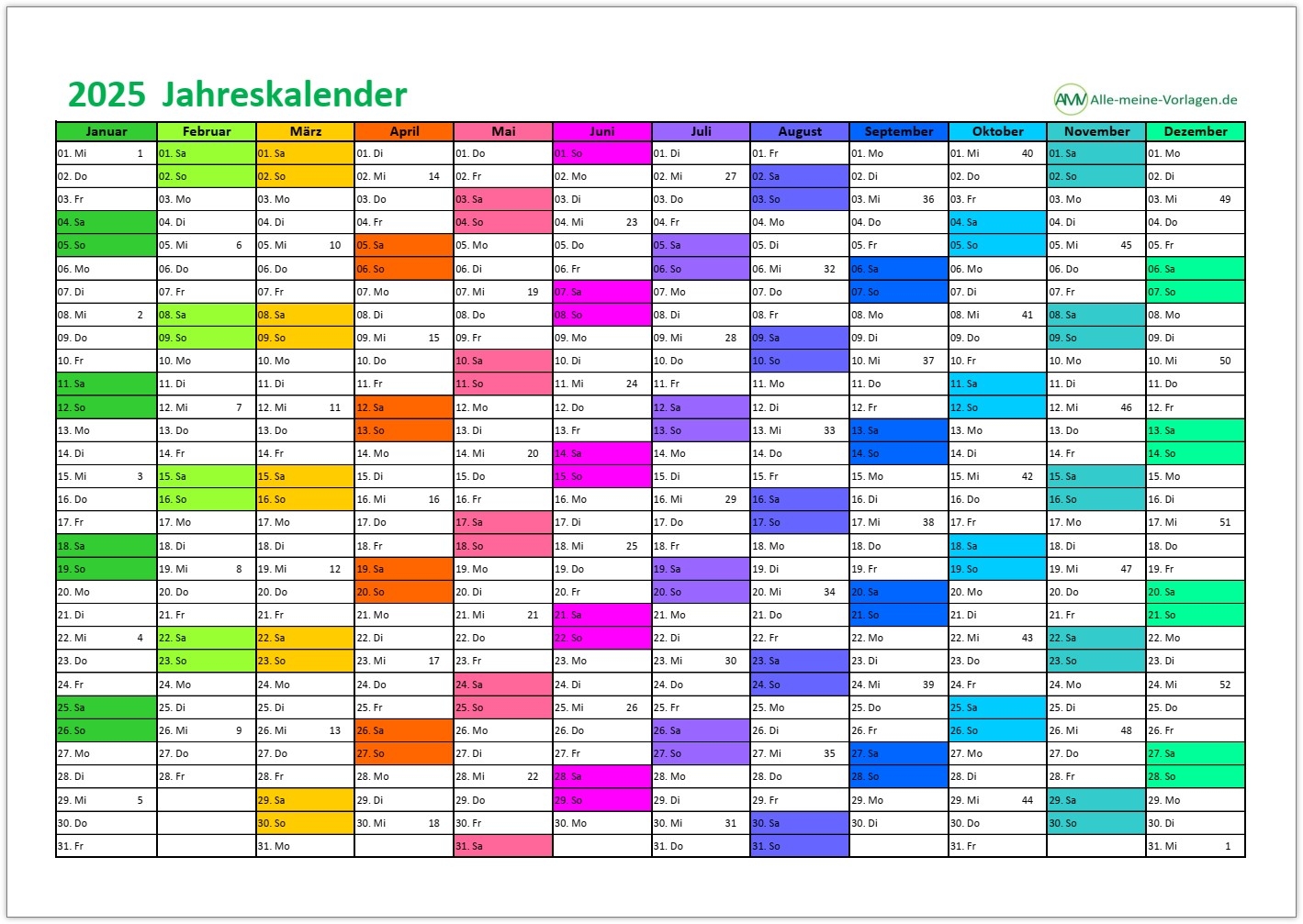 kalender 2025 als excel vorlage und pdf alle meine vorlagen de