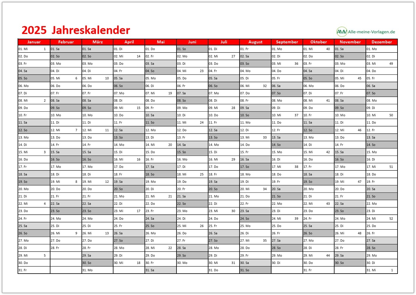 Kalender 2025 Als Excel Vorlage Und PDF Alle meine Vorlagen de