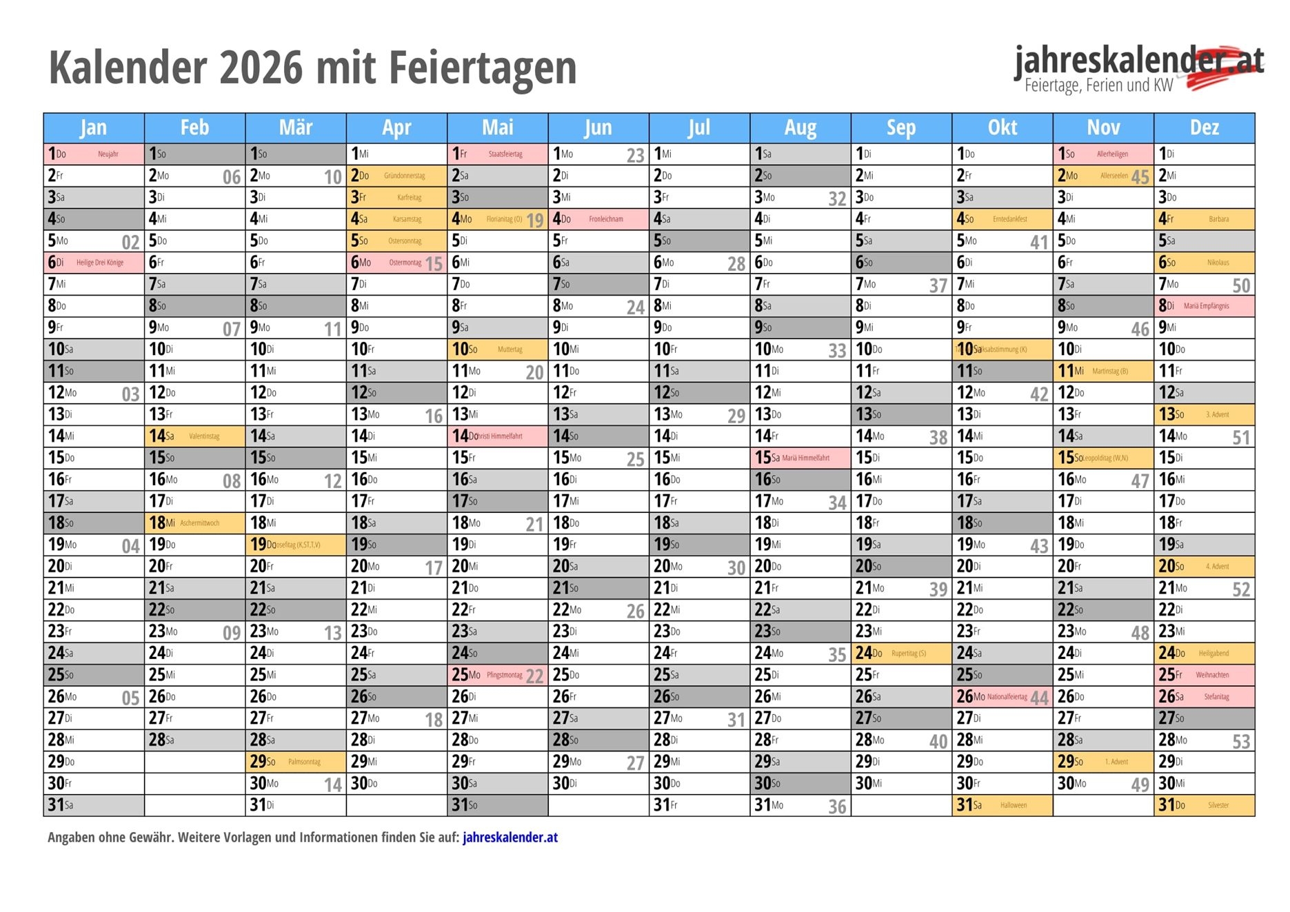 Kalender 2026 Österreich MIT Feiertagen