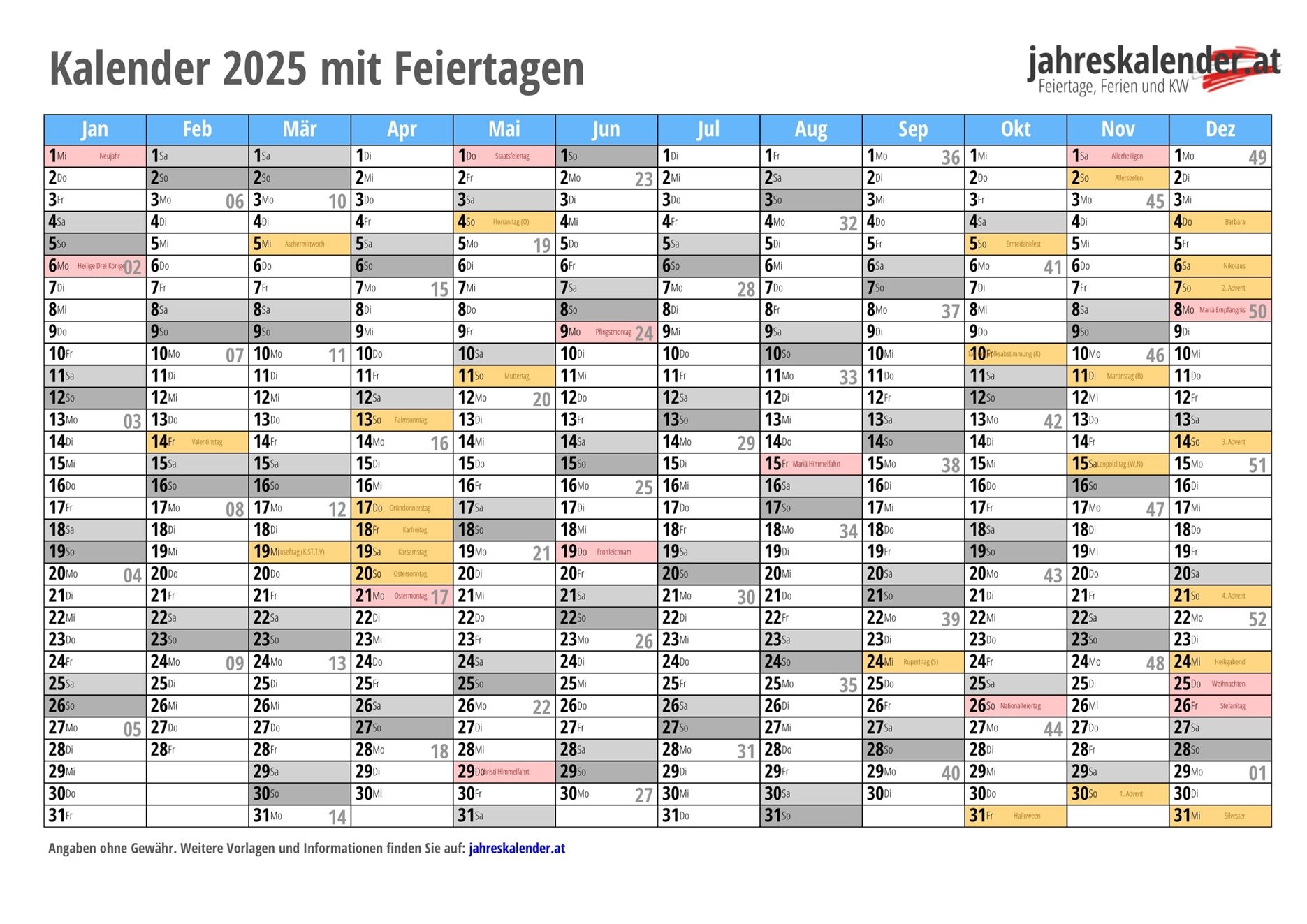 Kalender 2025 PDF Kostenlos Drucken