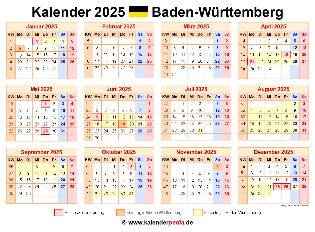 Kalender 2025 Baden W rttemberg PDF Vorlagen Mit Ferien