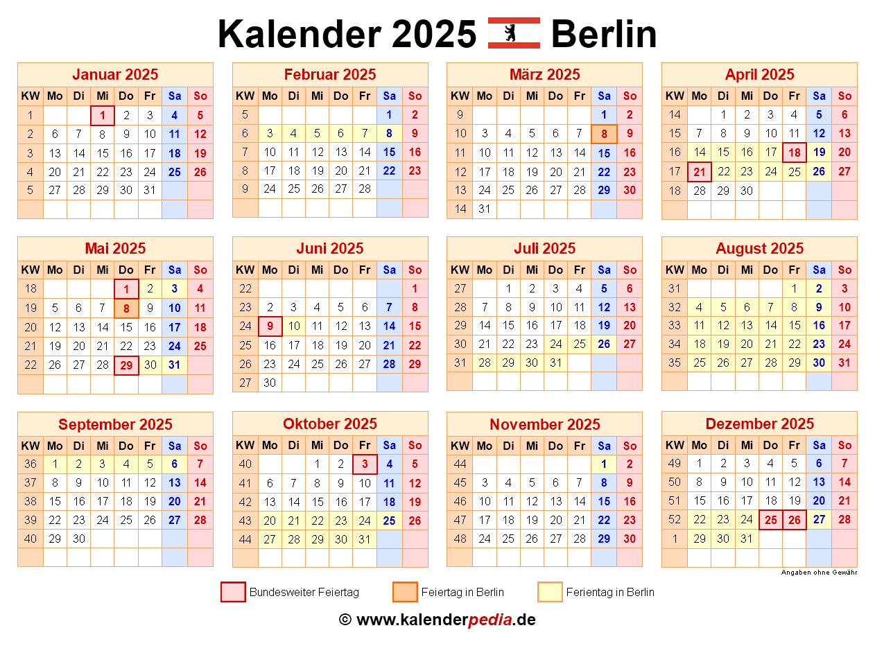 Kalender 2025 Berlin Ferien Feiertage PDF Vorlagen