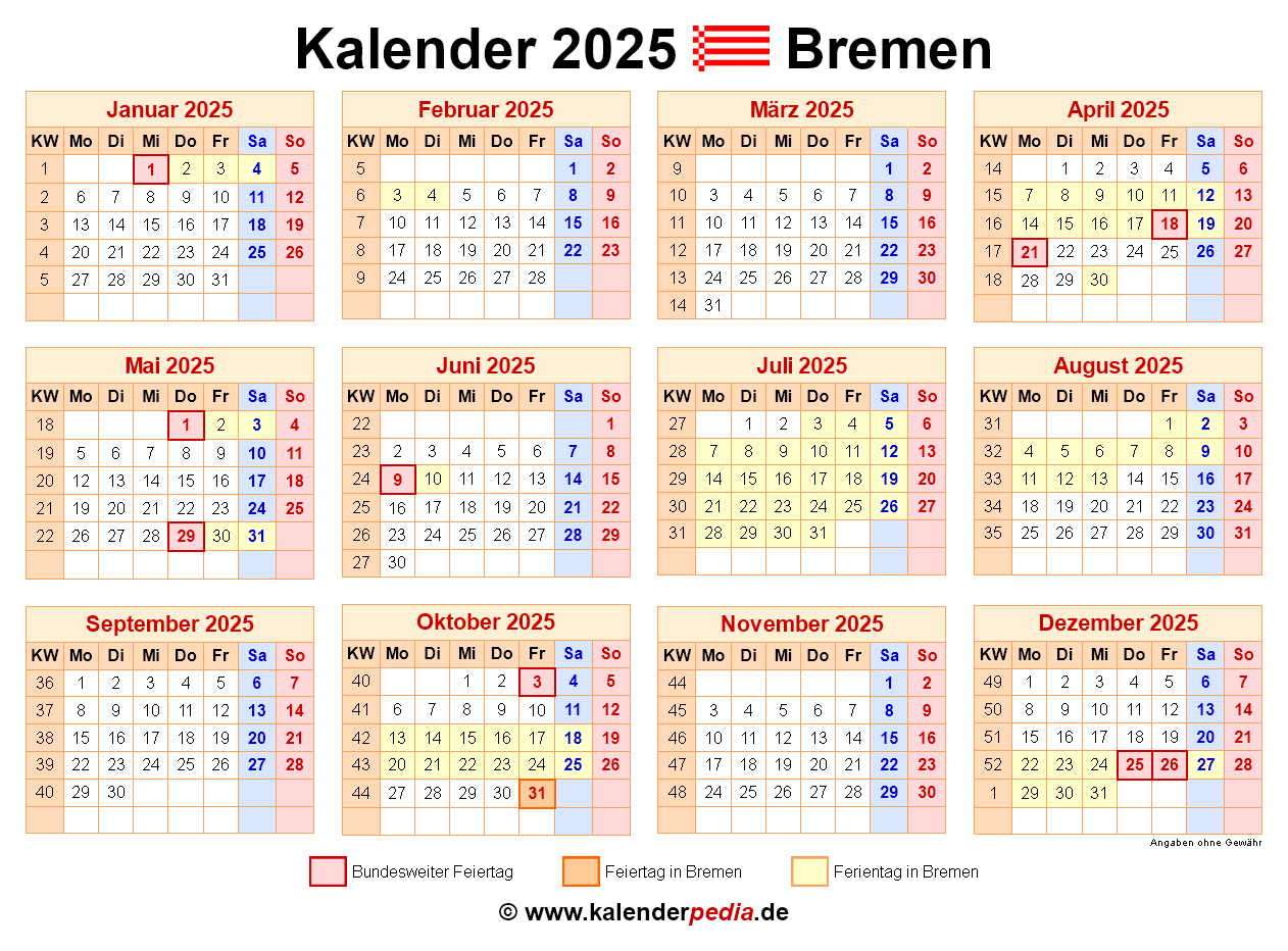 Kalender 2025 Bremen Ferien Feiertage PDF Vorlagen