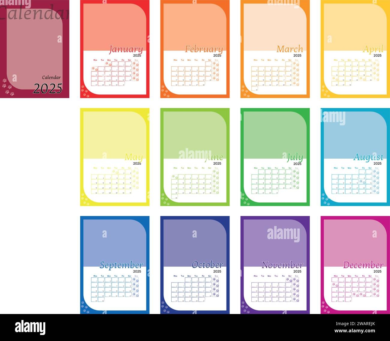 Kalender 2025 CATS Vorlage Englisch 12 Seiten Plus Cover Format A3 Italienische Feiertage Stock Vektorgrafik Alamy