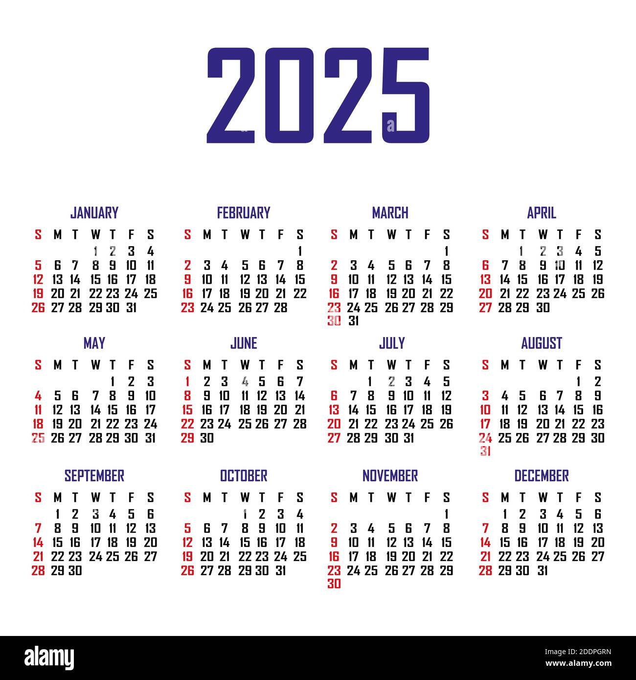 Kalender 2025 Die Woche Beginnt Am Sonntag Einfache Kalendervorlage Hochformat Mit Vertikaler Ausrichtung J hrliche Organisation Von Schreibwaren Vektorgrafik Stock Vektorgrafik Alamy