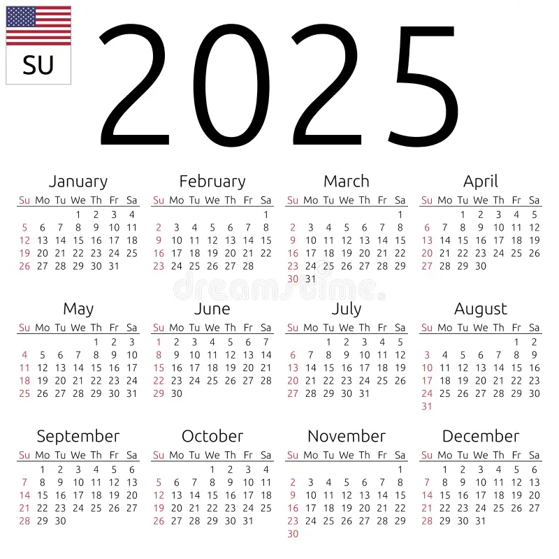 Kalender 2025 Engelska S ndag Vektor Illustrationer Illustration Av Tydlig Schema 163725334