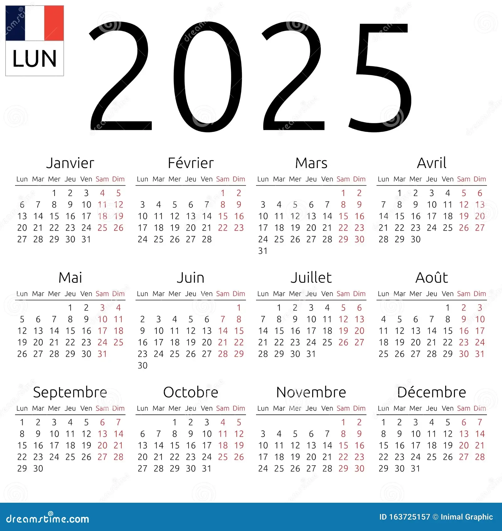 Kalender 2025 Franz sisch Montag Vektor Abbildung Illustration Von Auslegung Halskette 163725157