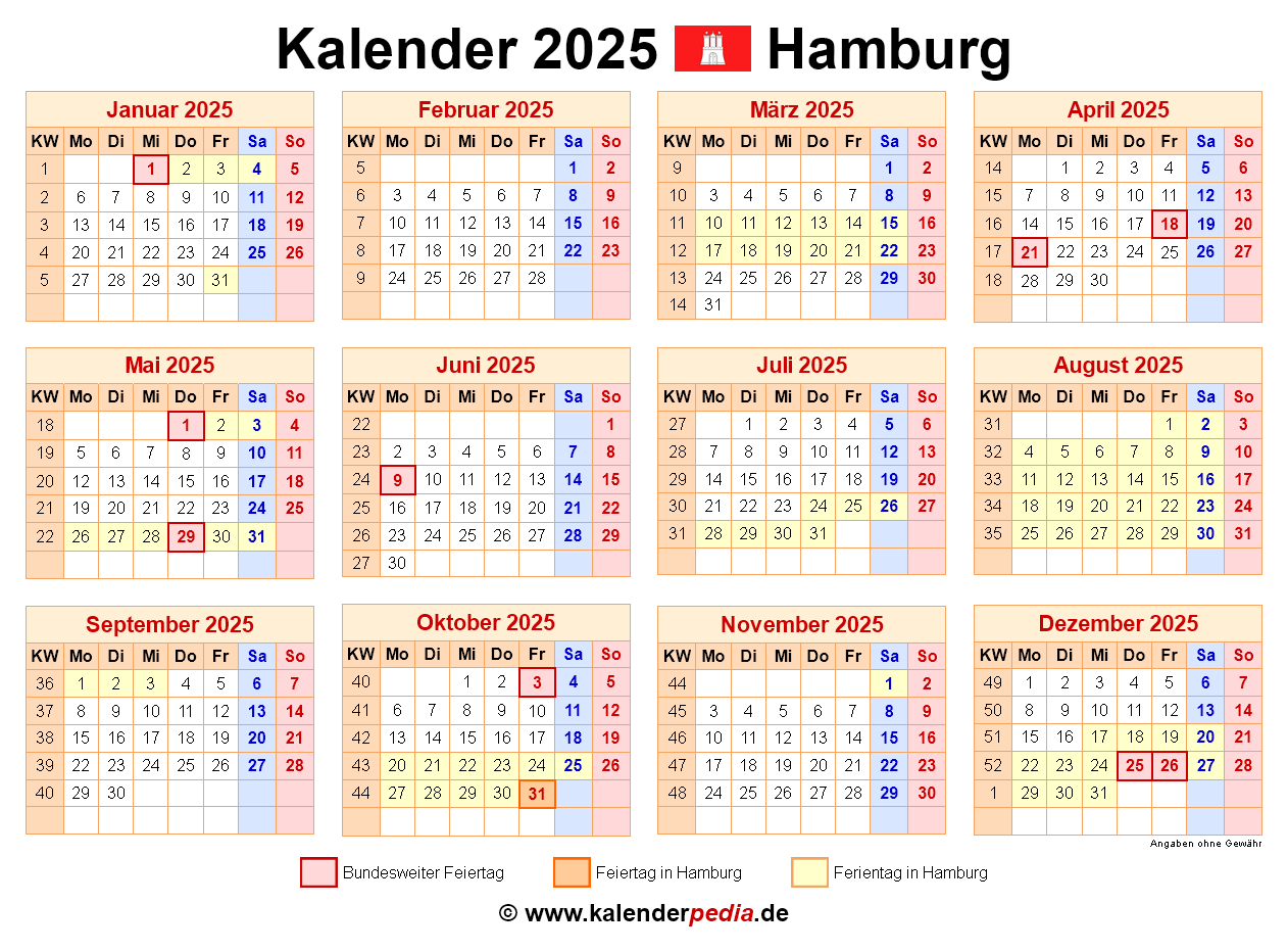 Kalender 2025 Hamburg Ferien Feiertage PDF Vorlagen