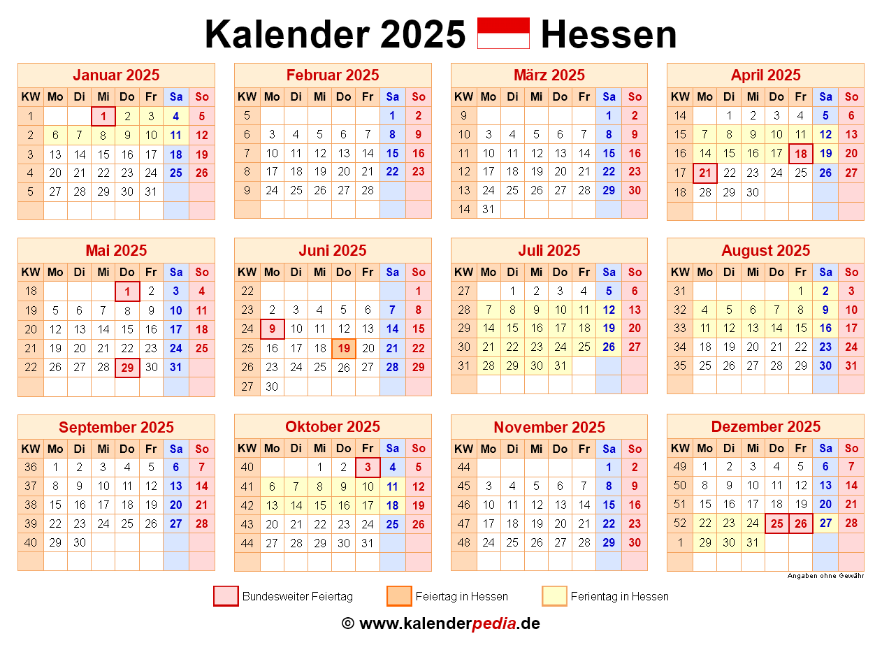Kalender 2025 Hessen Ferien Feiertage PDF Vorlagen