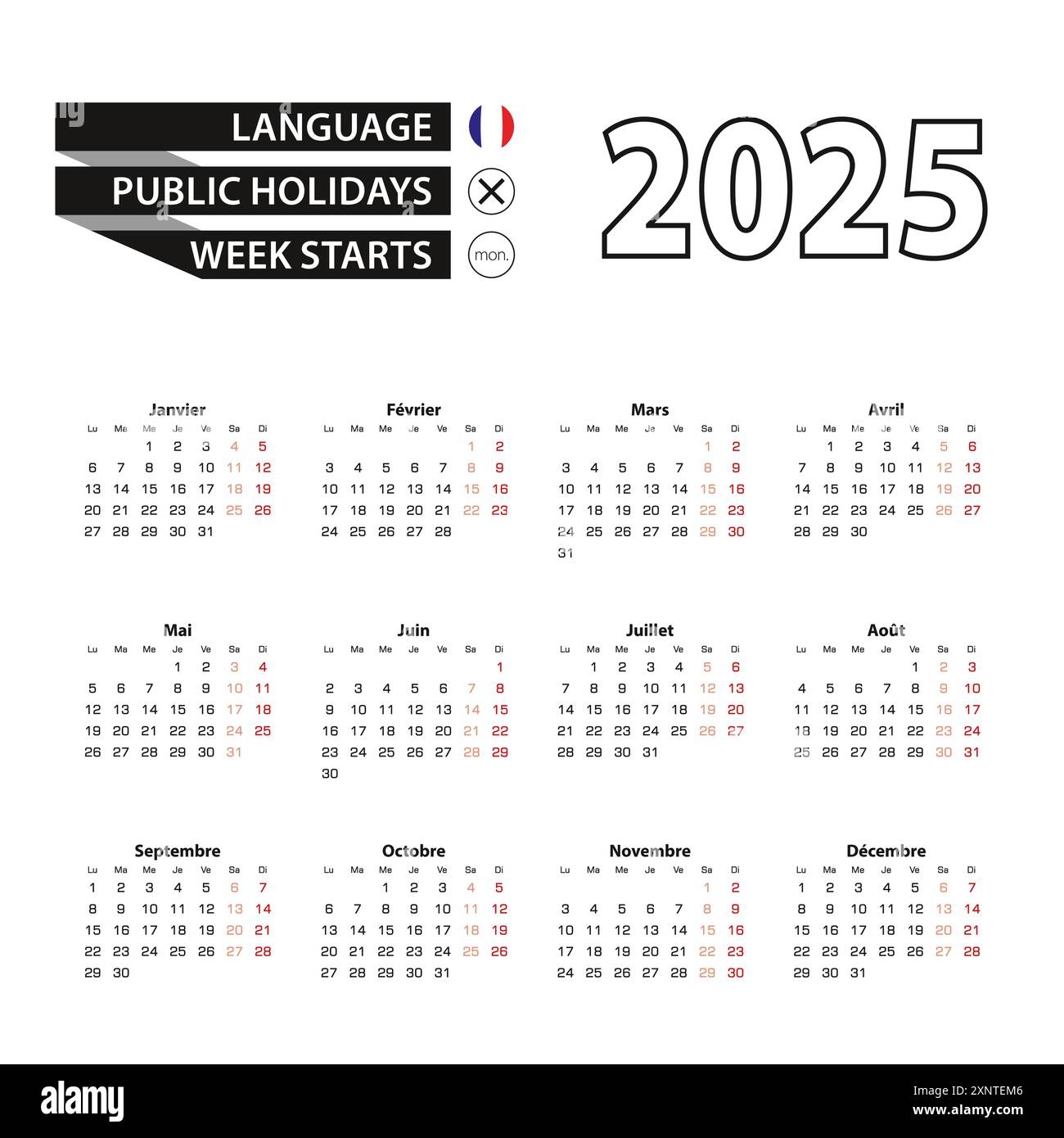 Kalender 2025 In Franz sischer Sprache Die Woche Beginnt Am Montag Vektorkalender 2025 Jahre Stock Vektorgrafik Alamy