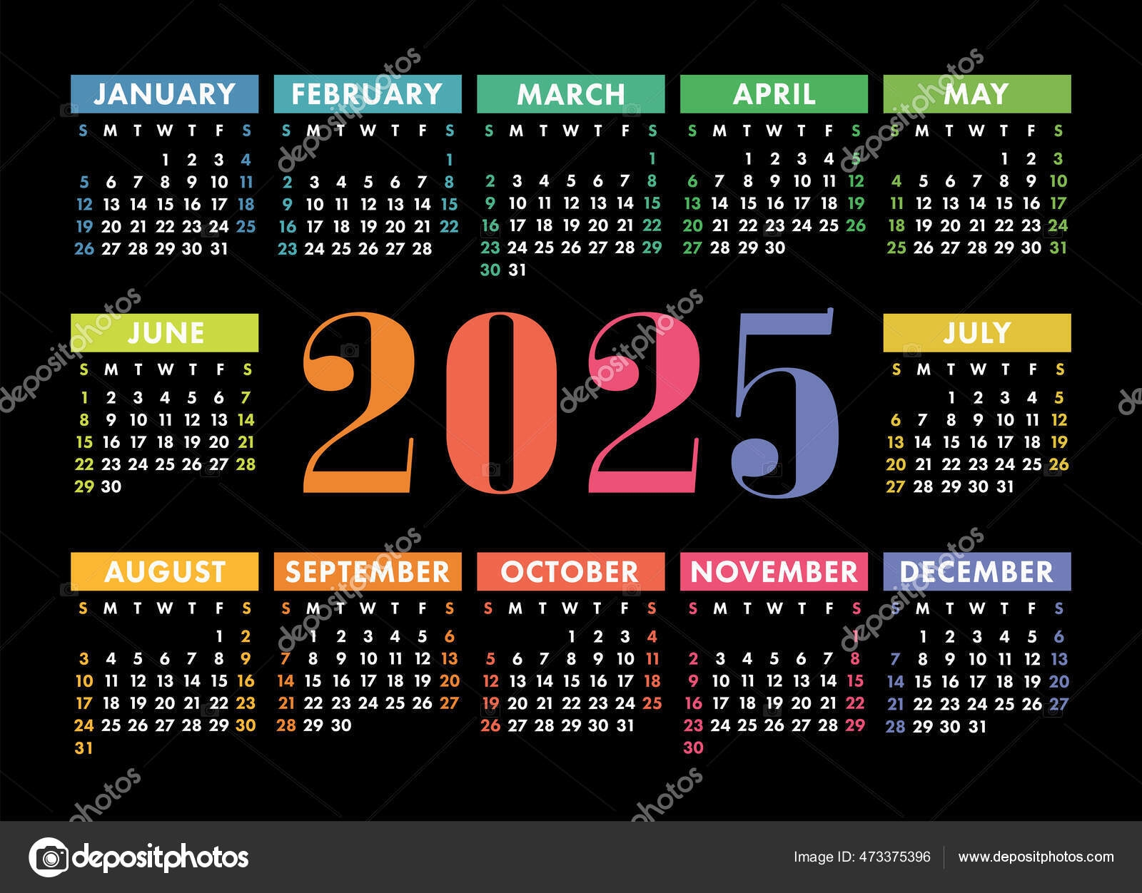 Kalender 2025 Jahr Englische Farbenfrohe Vektor Horizontale Wand Oder Taschenkalender Stock Vektorbild Von ra khusnullina gmail 473375396