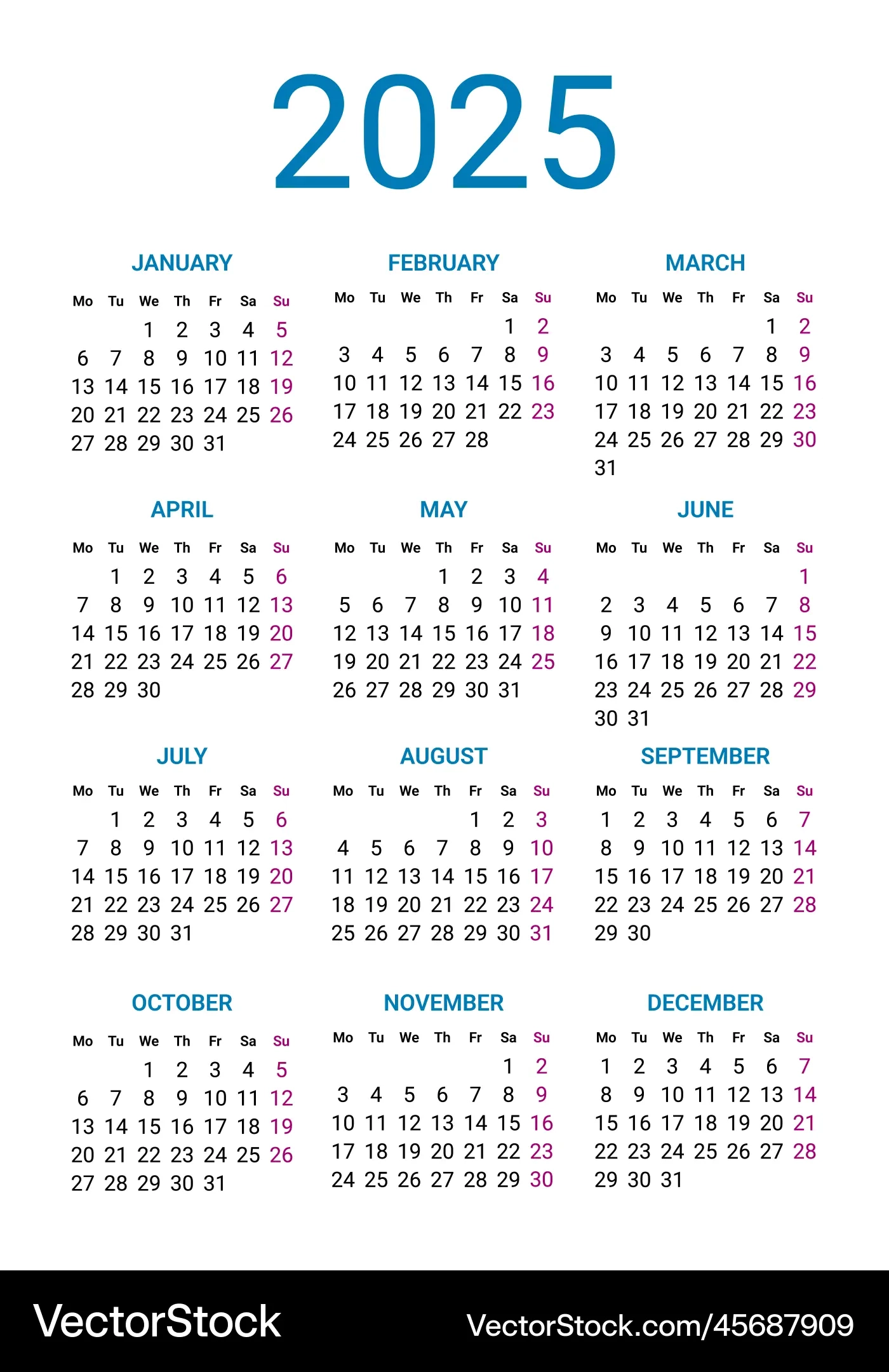 Kalender 2025 Jahre Design Vorlage Woche Beginnt Vektorbild
