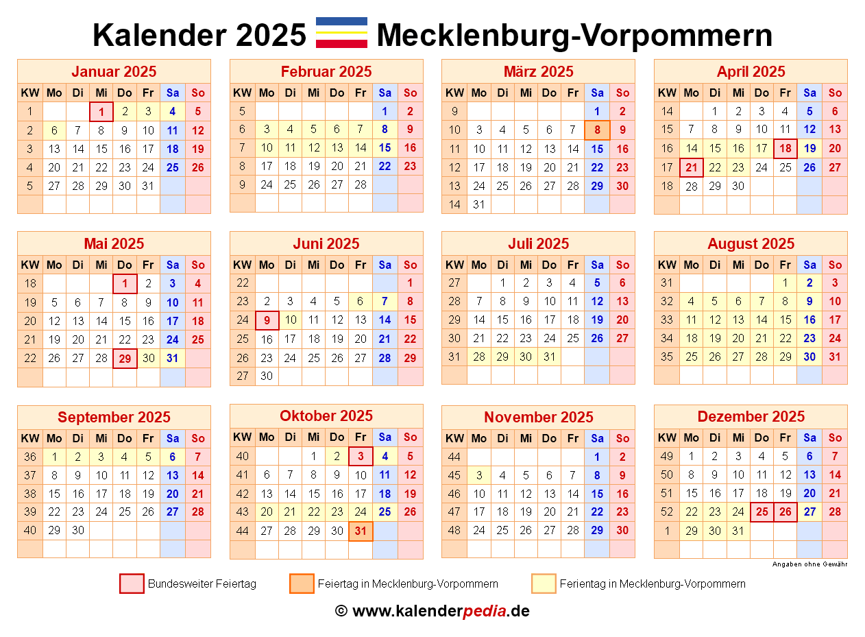 Kalender 2025 Mecklenburg Vorpommern PDF Vorlagen Mit Ferien