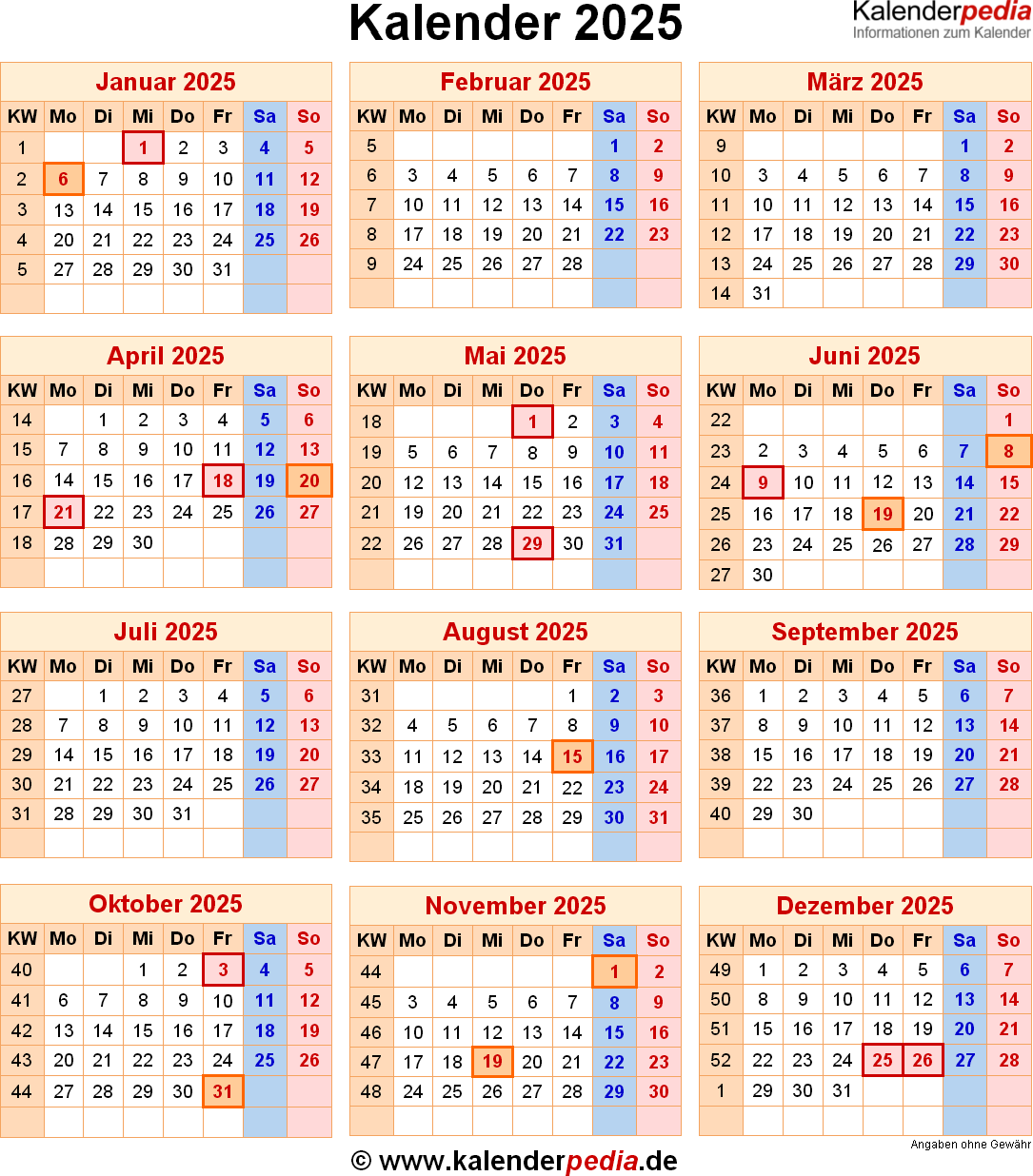 Kalender 2025 Mit Excel PDF Word Vorlagen Feiertagen Ferien KW