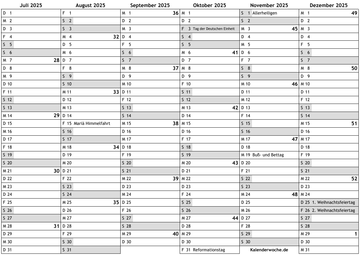 Kalender 2025 Mit Kalenderwochen Und Feiertagen In Deutschland Online Wochenkalender Mit Kw Kostenlos Jahreskalender Wochen Download PDF A4 Drucken