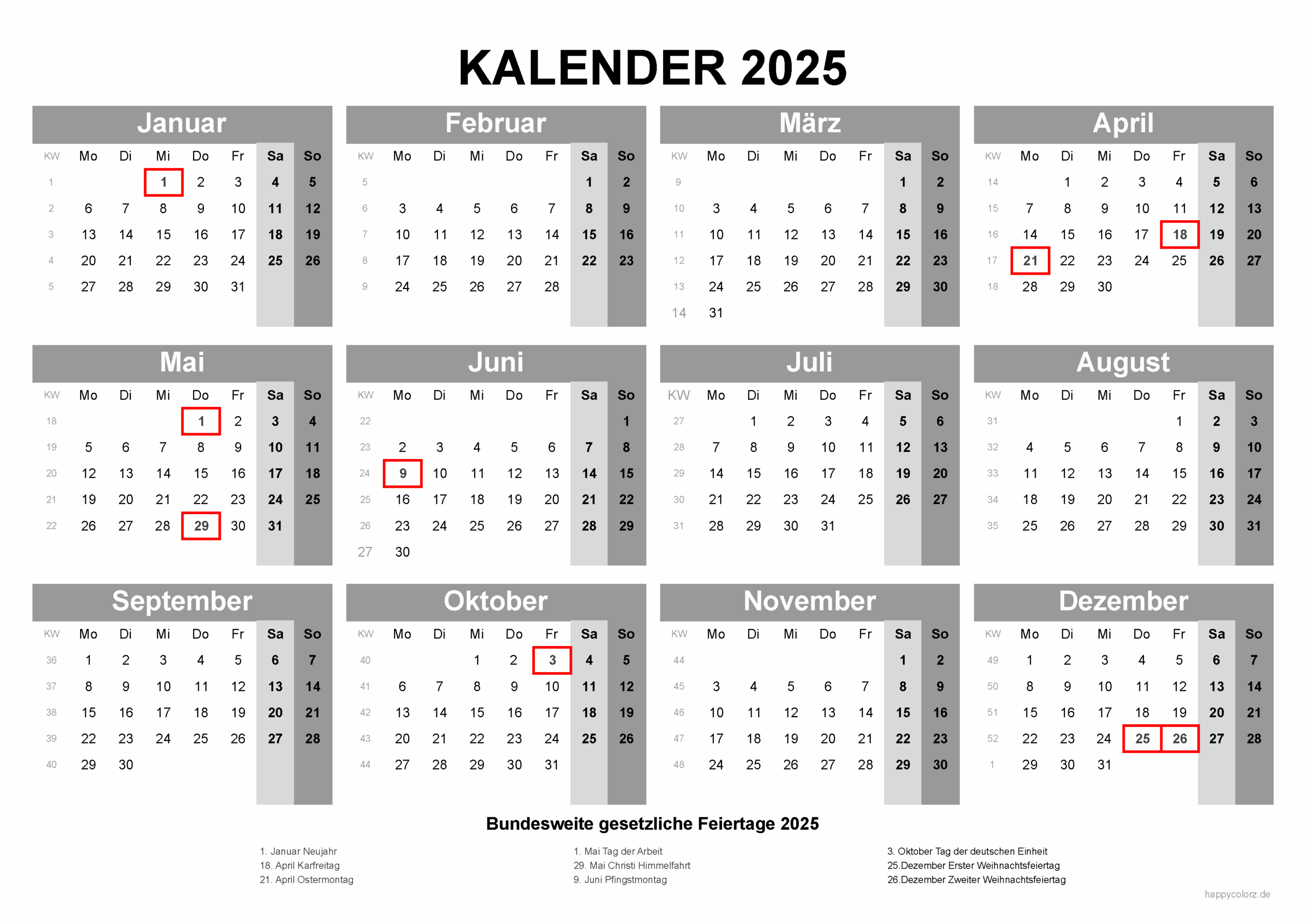 Kalender 2025 Jahrensansicht