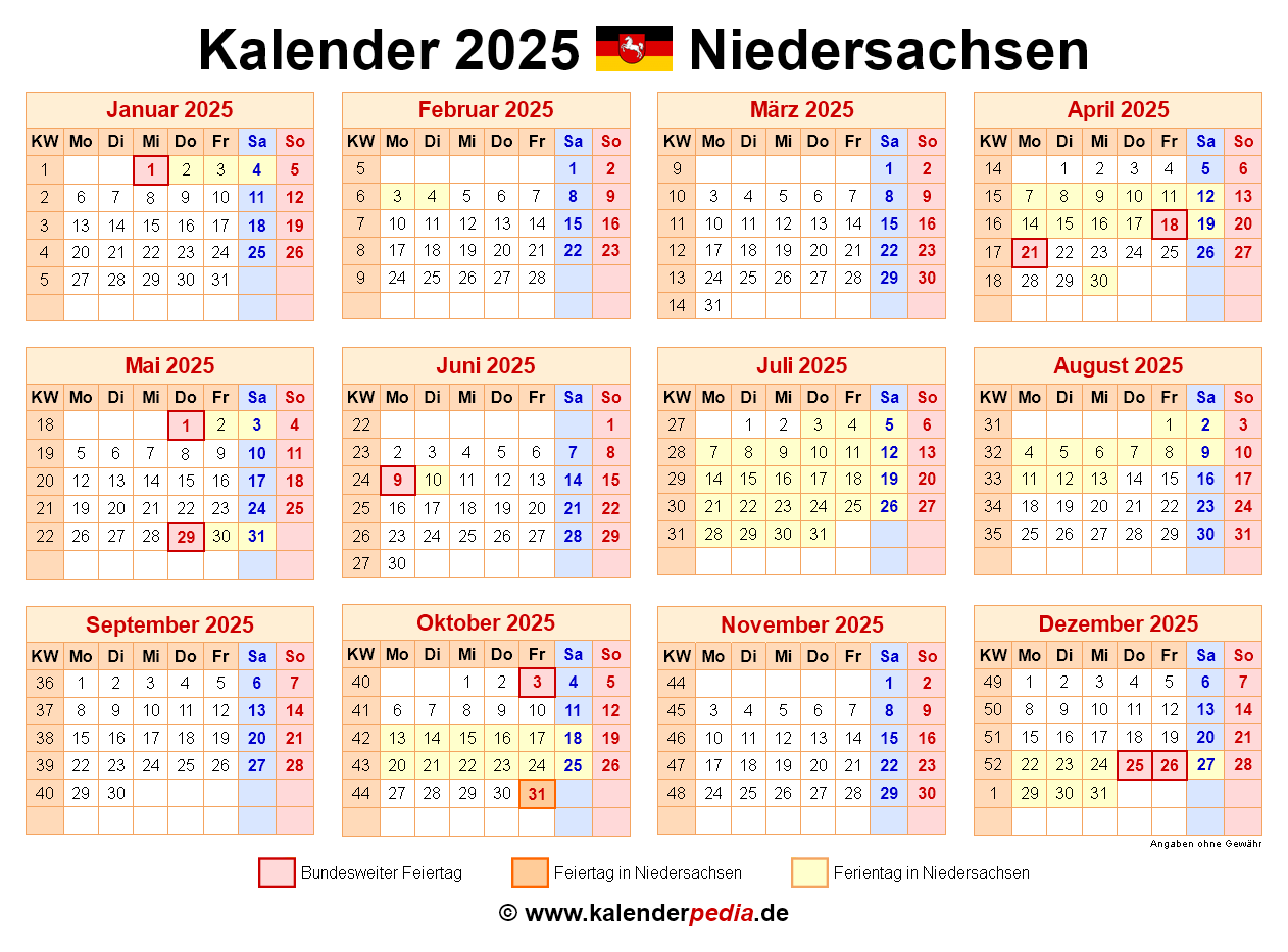 Kalender 2025 Niedersachsen Ferien Feiertage PDF Vorlagen Kalender 2025 Niedersachsen Ferien Feiertage PDF Vorlagen