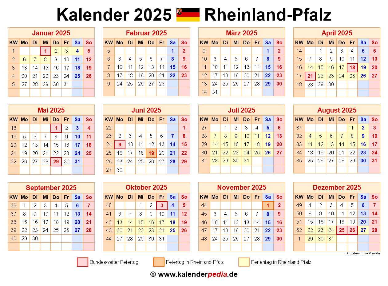 Kalender 2025 Rheinland Pfalz Ferien Feiertage PDF Vorlagen