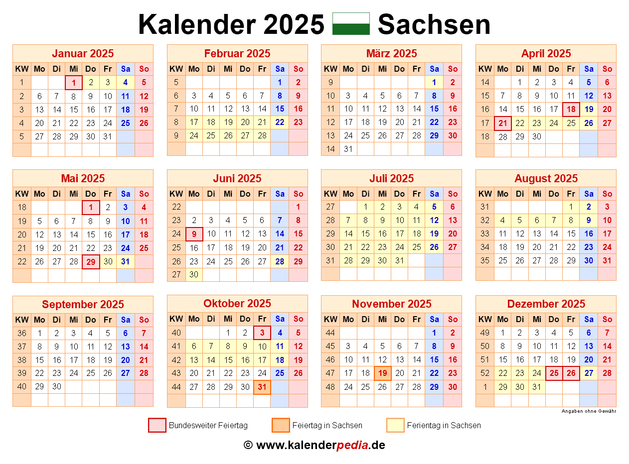 Kalender 2025 Sachsen Ferien Feiertage PDF Vorlagen