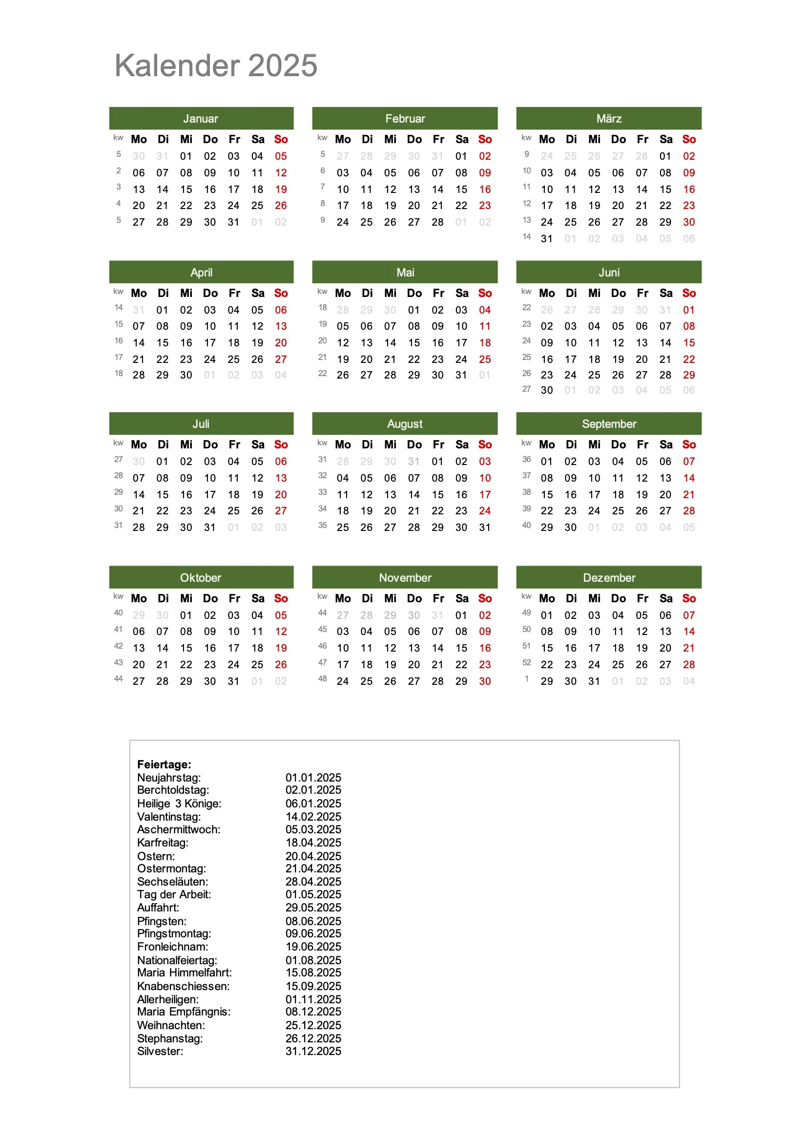 Jahresüberblich 2025 Kalender A4