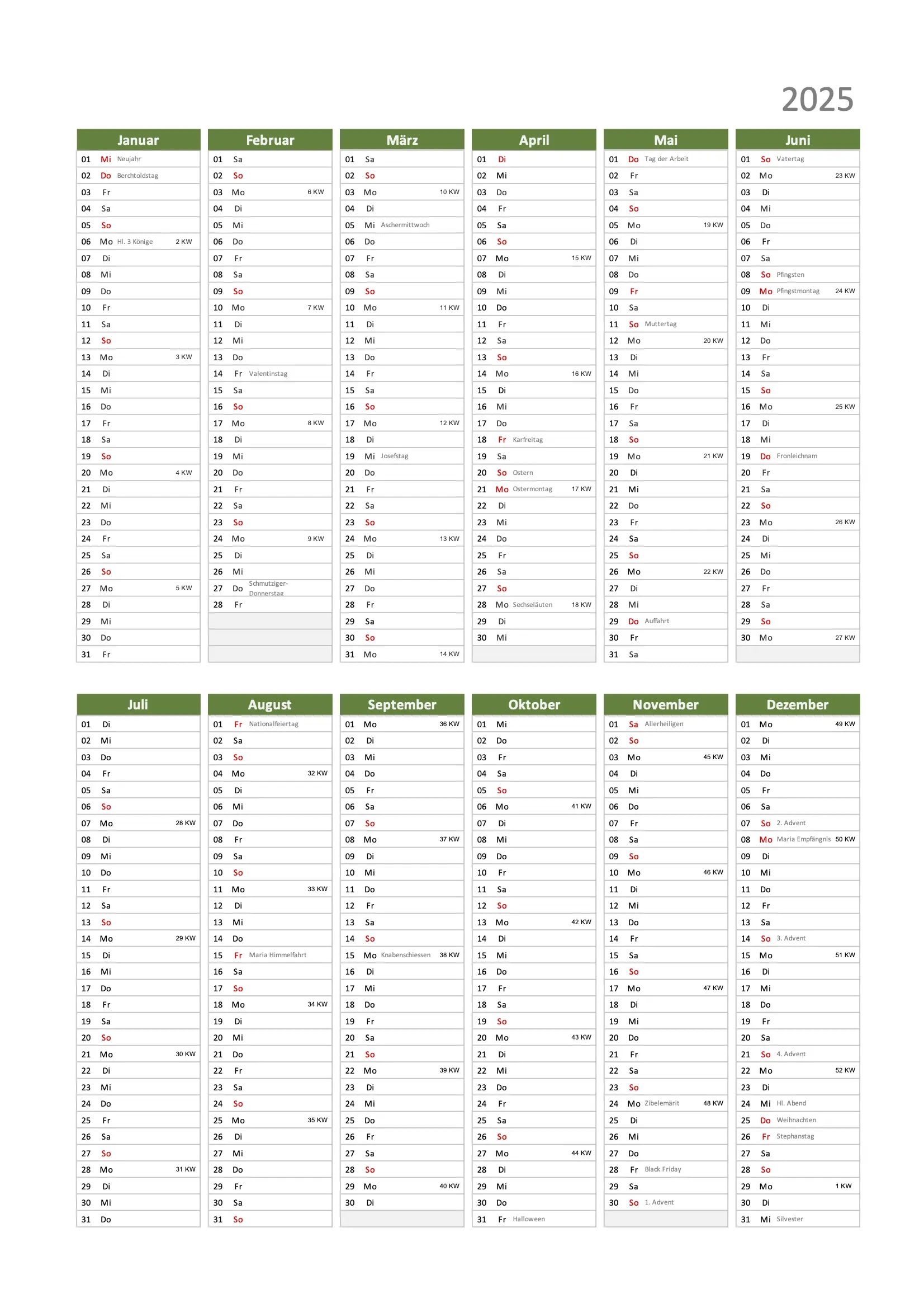 Kalender 2025 Schweiz Excel PDF Kostenlose Kalender