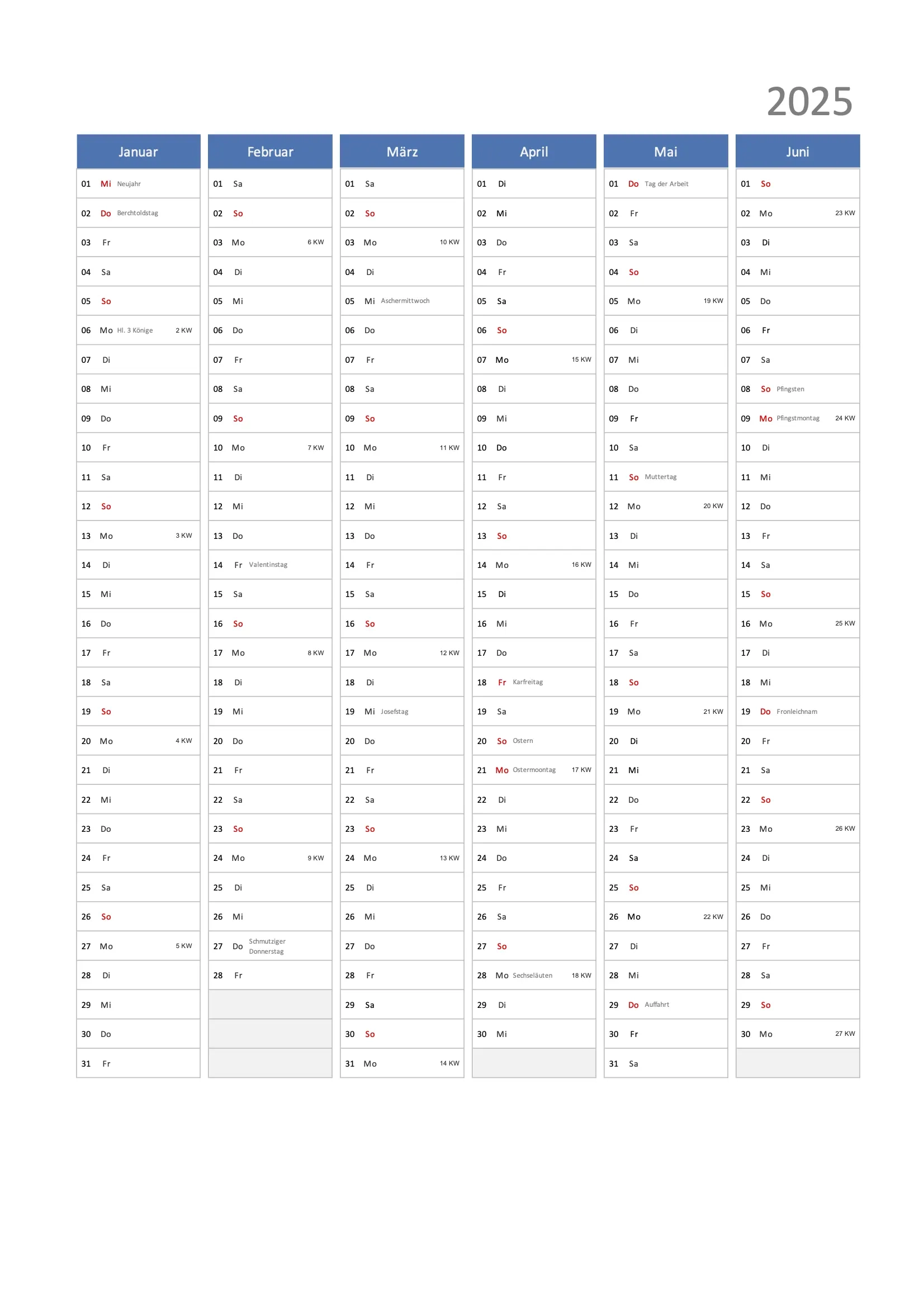 Kalender 2025 Schweiz Excel PDF Kostenlose Kalender