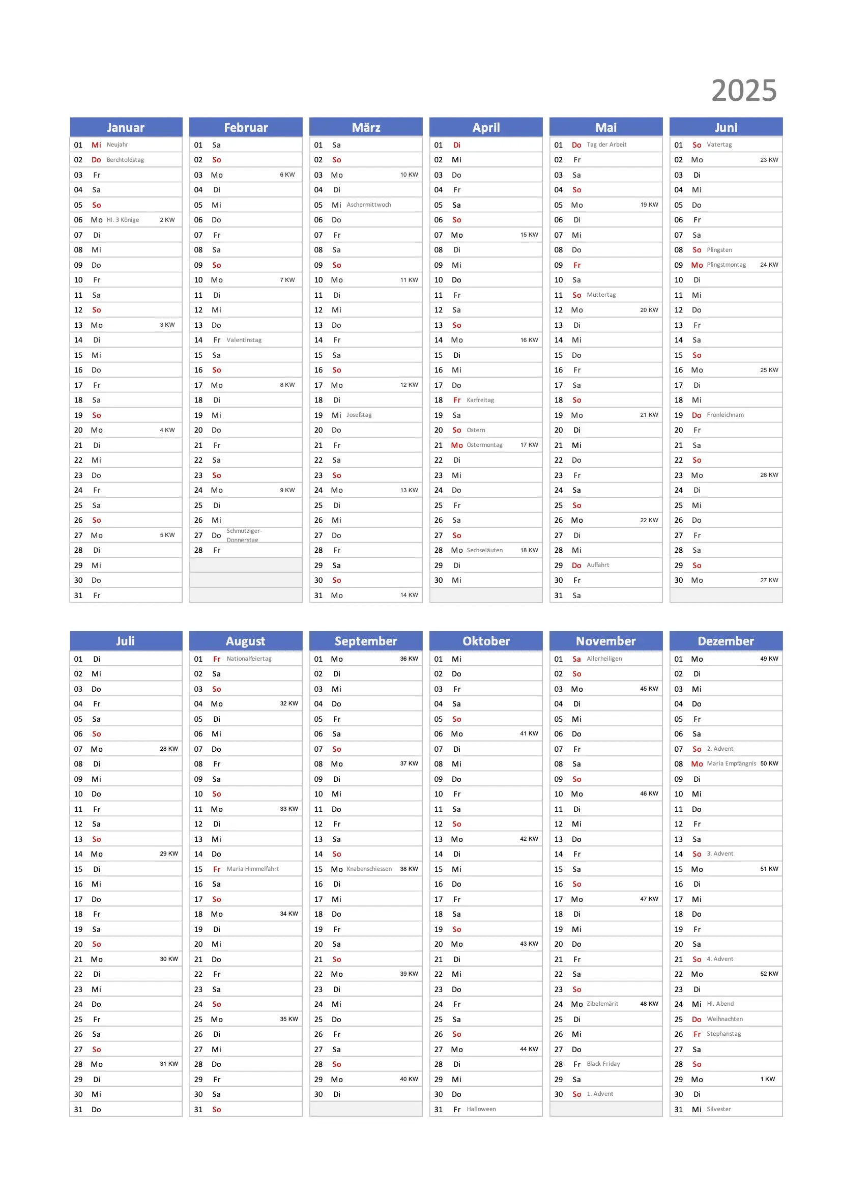 Jahreskalender 2025 Blau