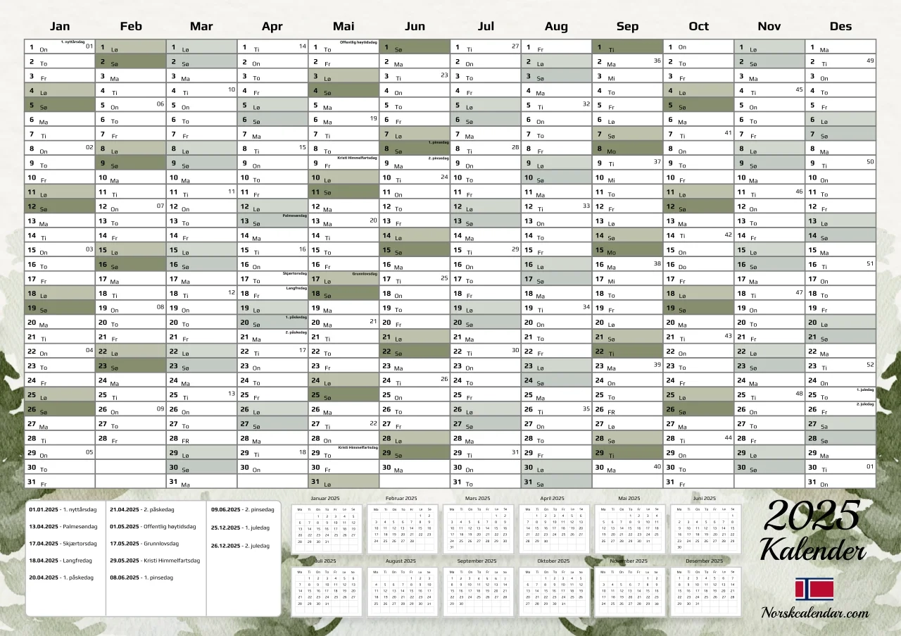 Kalender 2025 Utskriftsvennlig PDF Gratis