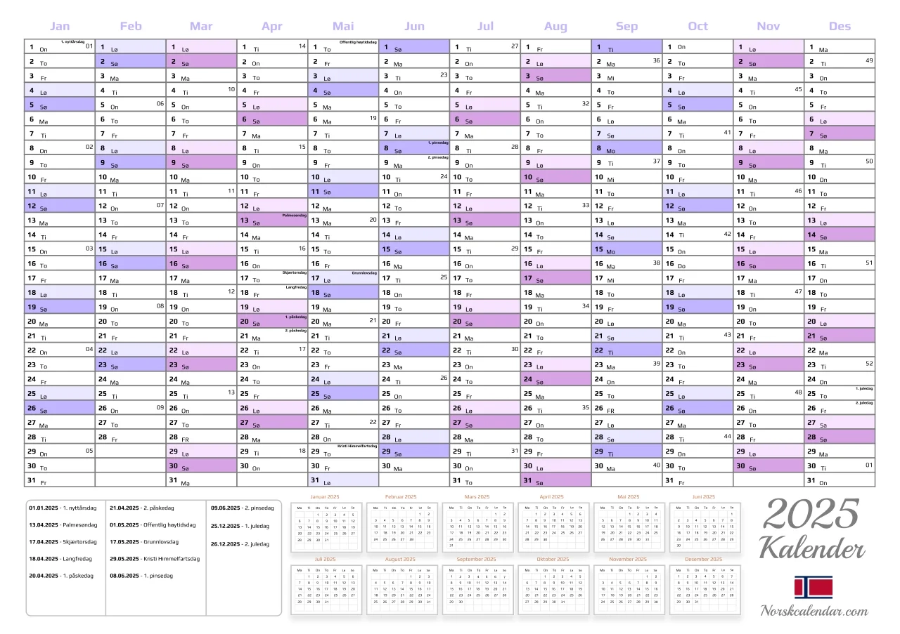 Kalender 2025 Utskriftsvennlig PDF Gratis
