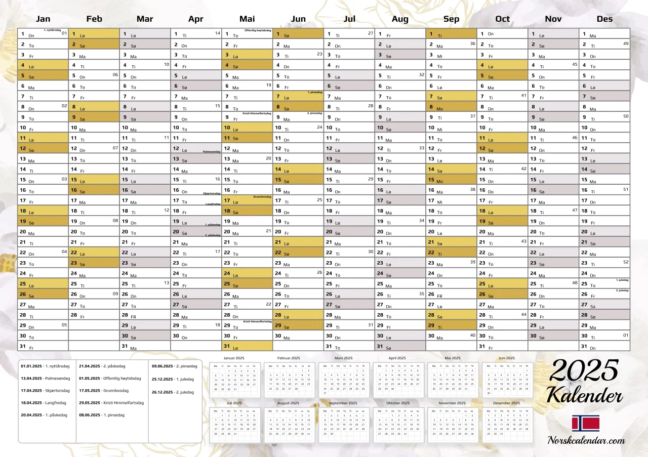 Kalender 2025 Utskriftsvennlig PDF Gratis