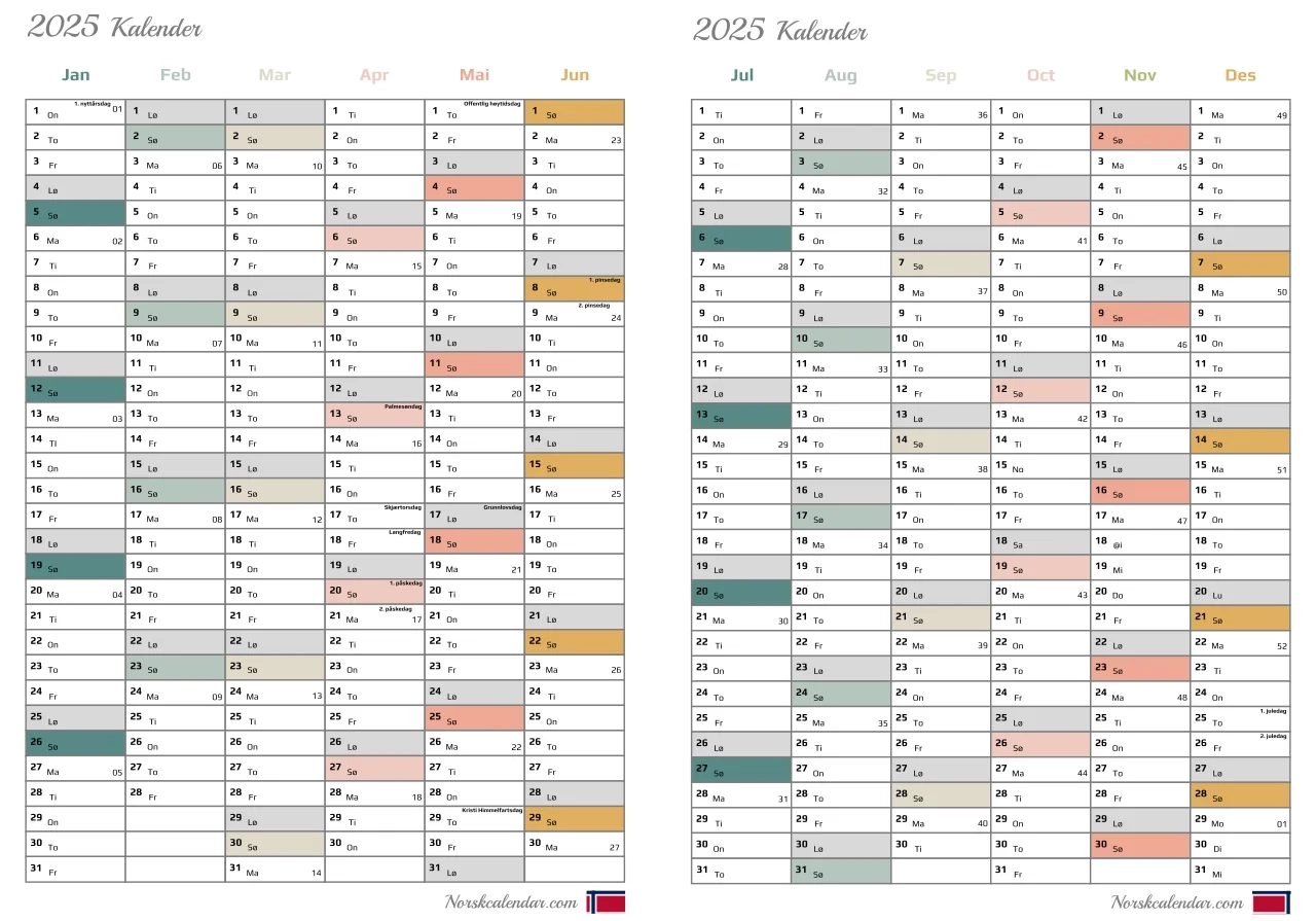 Kalender 2025 Utskriftsvennlig PDF Gratis
