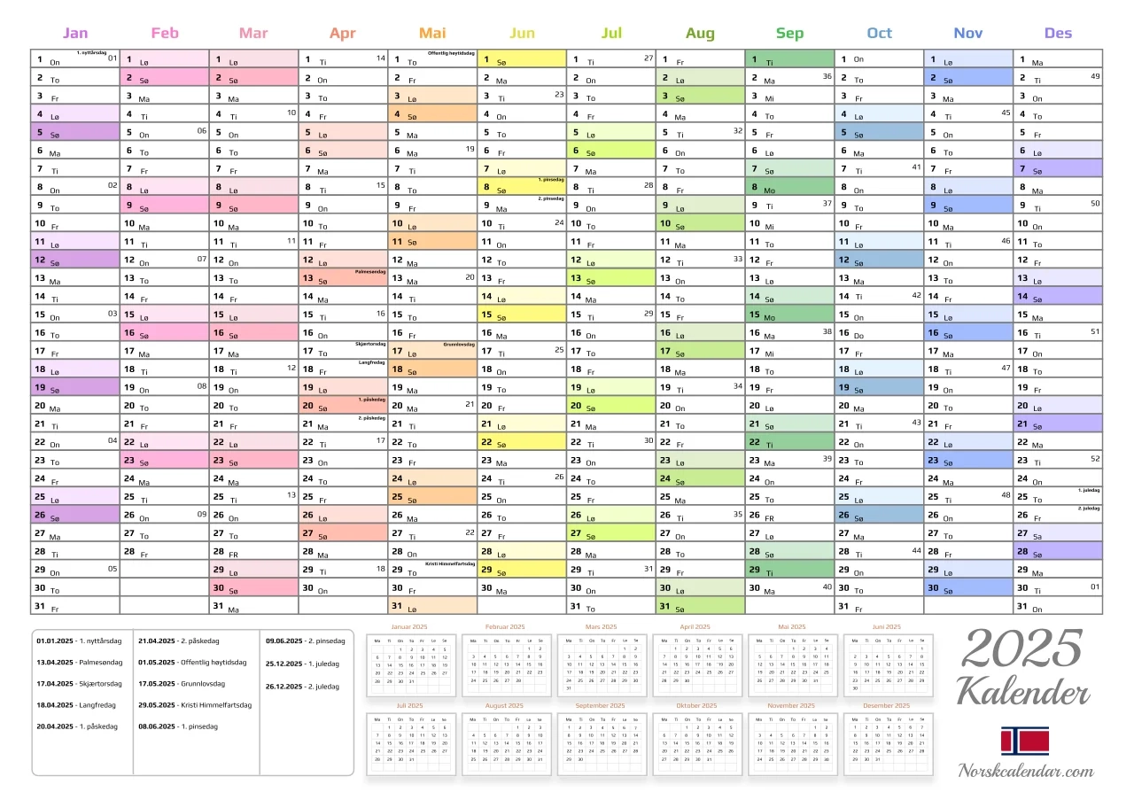 Kalender 2025 Utskriftsvennlig PDF Gratis