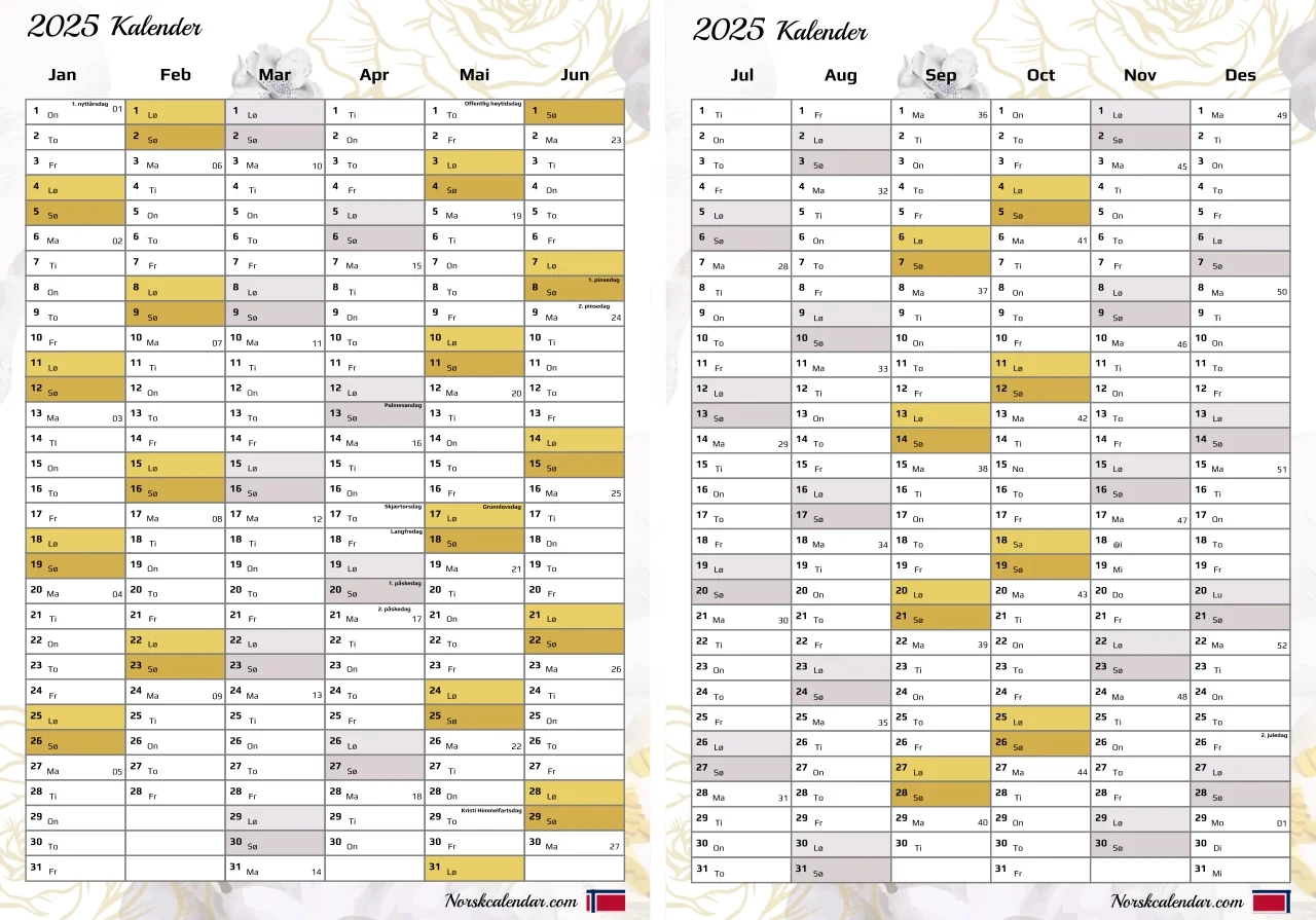 Kalender 2025 Utskriftsvennlig PDF Gratis