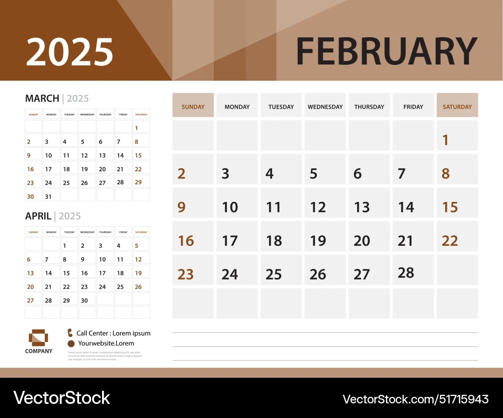 Kalender 2025 Vorlage Februar Jahr Lizenzfreies Vektorbild