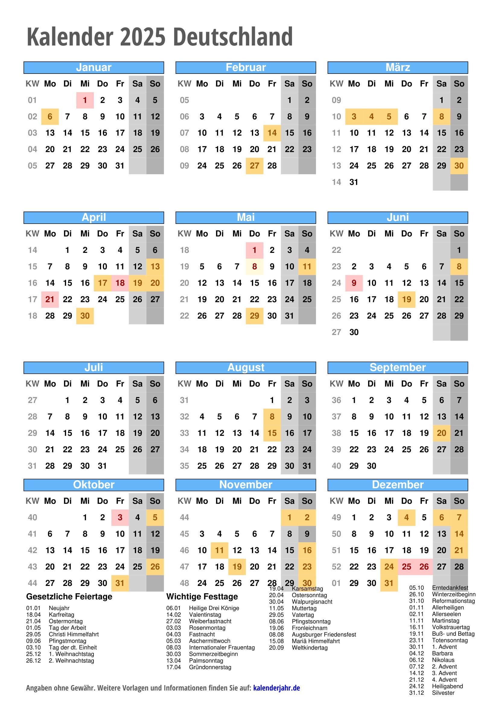 2025 Kalender Druckversion