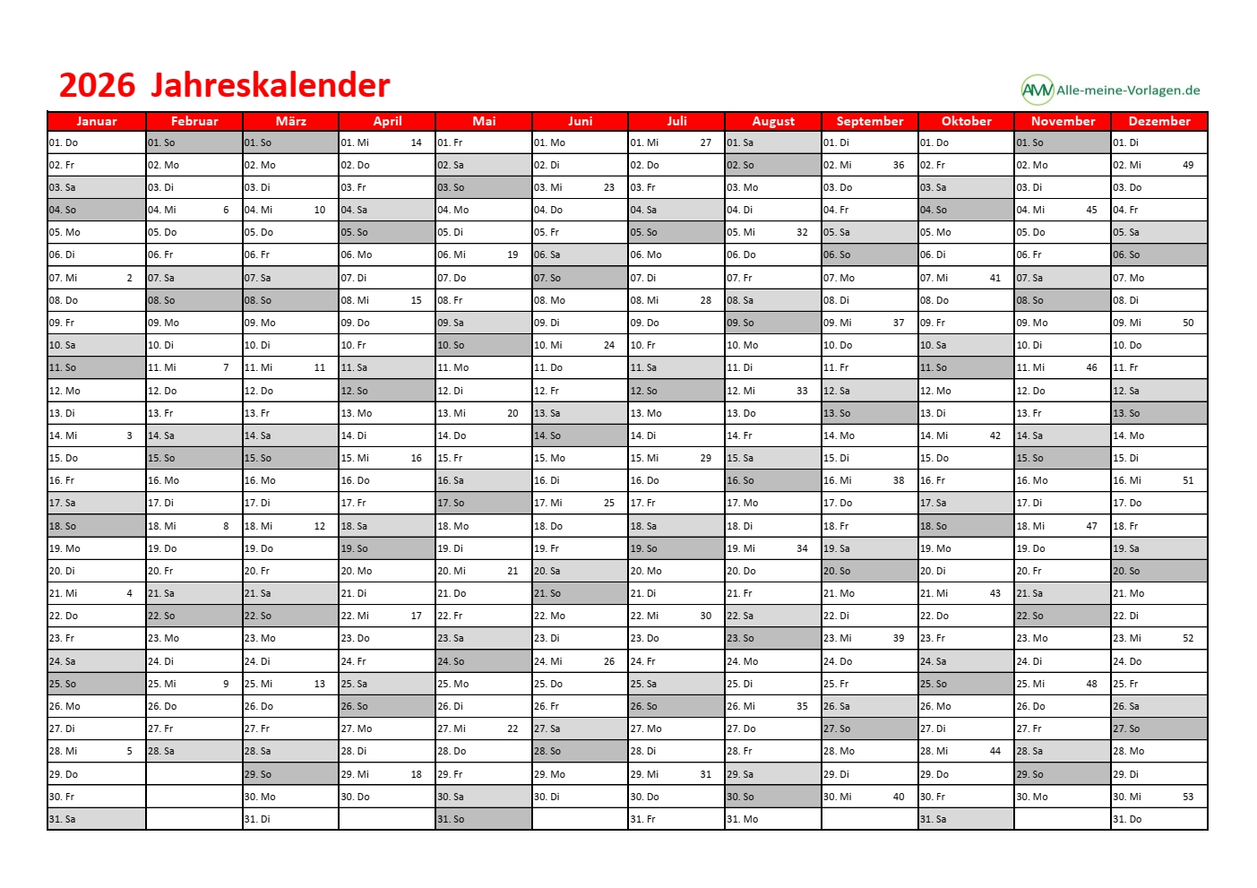 Kalender 2026 Excel-Vorlage
