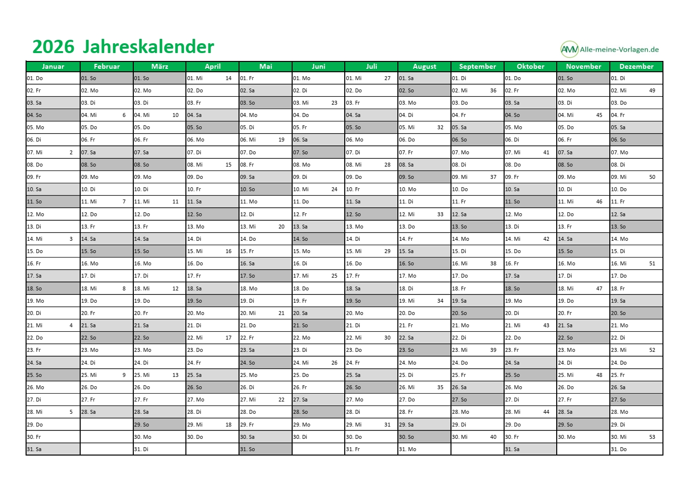 kalender 2026 als excel vorlage und pdf alle meine vorlagen de