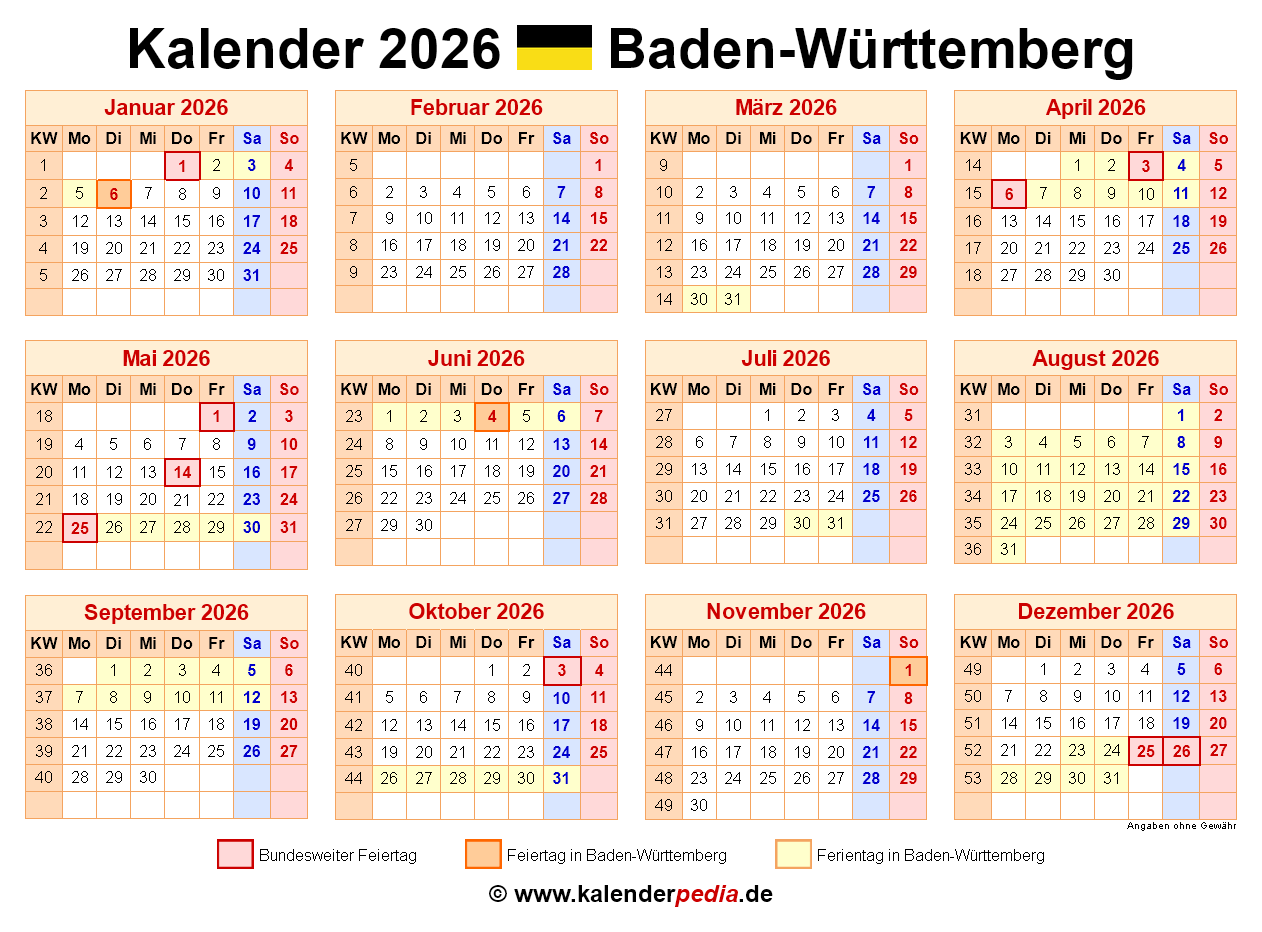 Kalender 2026 Baden W rttemberg PDF Vorlagen Mit Ferien