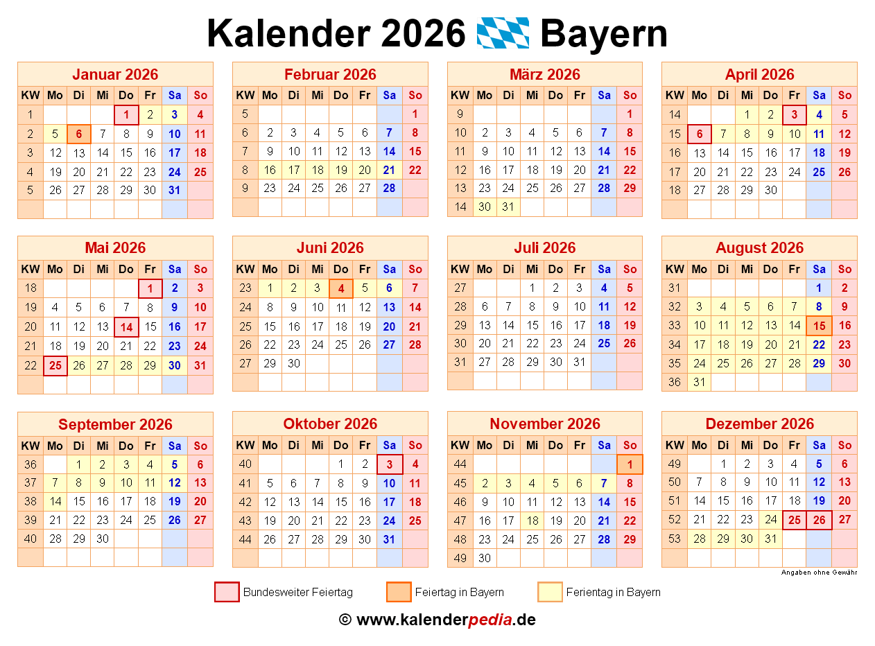 Kalender 2026 Bayern Ferien Feiertage PDF Vorlagen