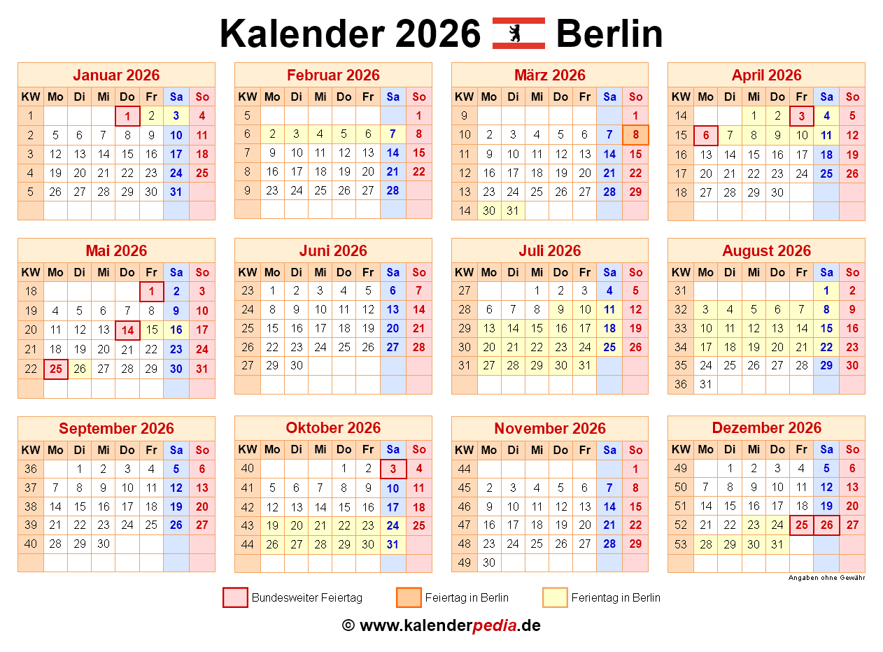 Kalender 2026 Berlin Ferien Feiertage PDF Vorlagen