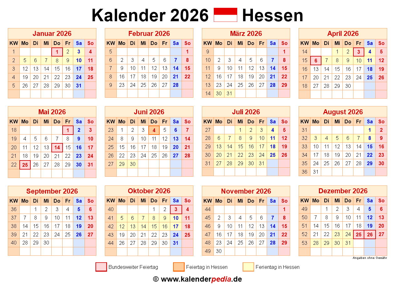 Kalender 2026 Hessen Ferien Feiertage PDF Vorlagen