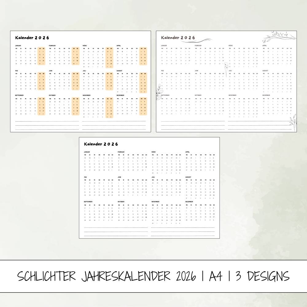 Kalender 2026 In Der Jahresansicht Zum Ausdrucken 3er Set