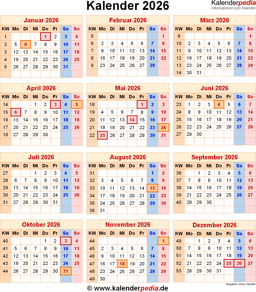 Kalender 2026 Mit Excel PDF Word Vorlagen Feiertagen Ferien KW