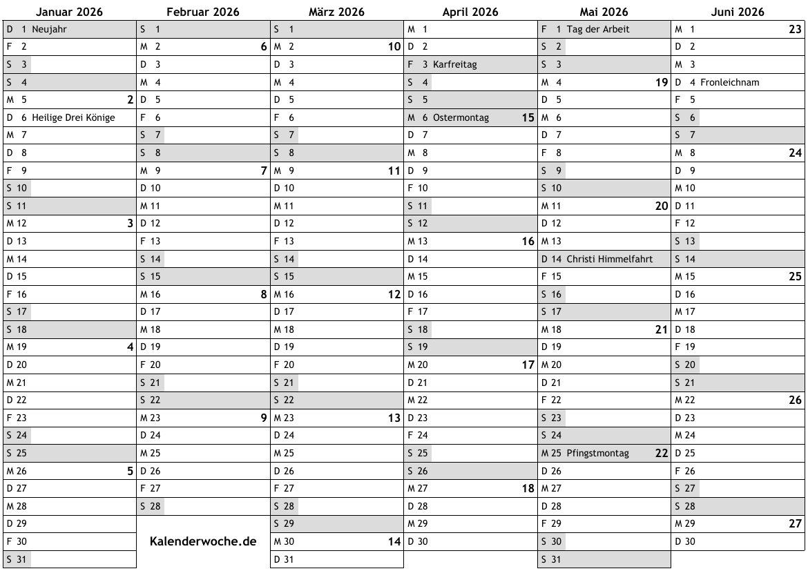 Kalender 2026 Mit Kalenderwochen Und Feiertagen In Deutschland Online Wochenkalender Mit Kw Kostenlos Jahreskalender Wochen Download PDF A4 Drucken