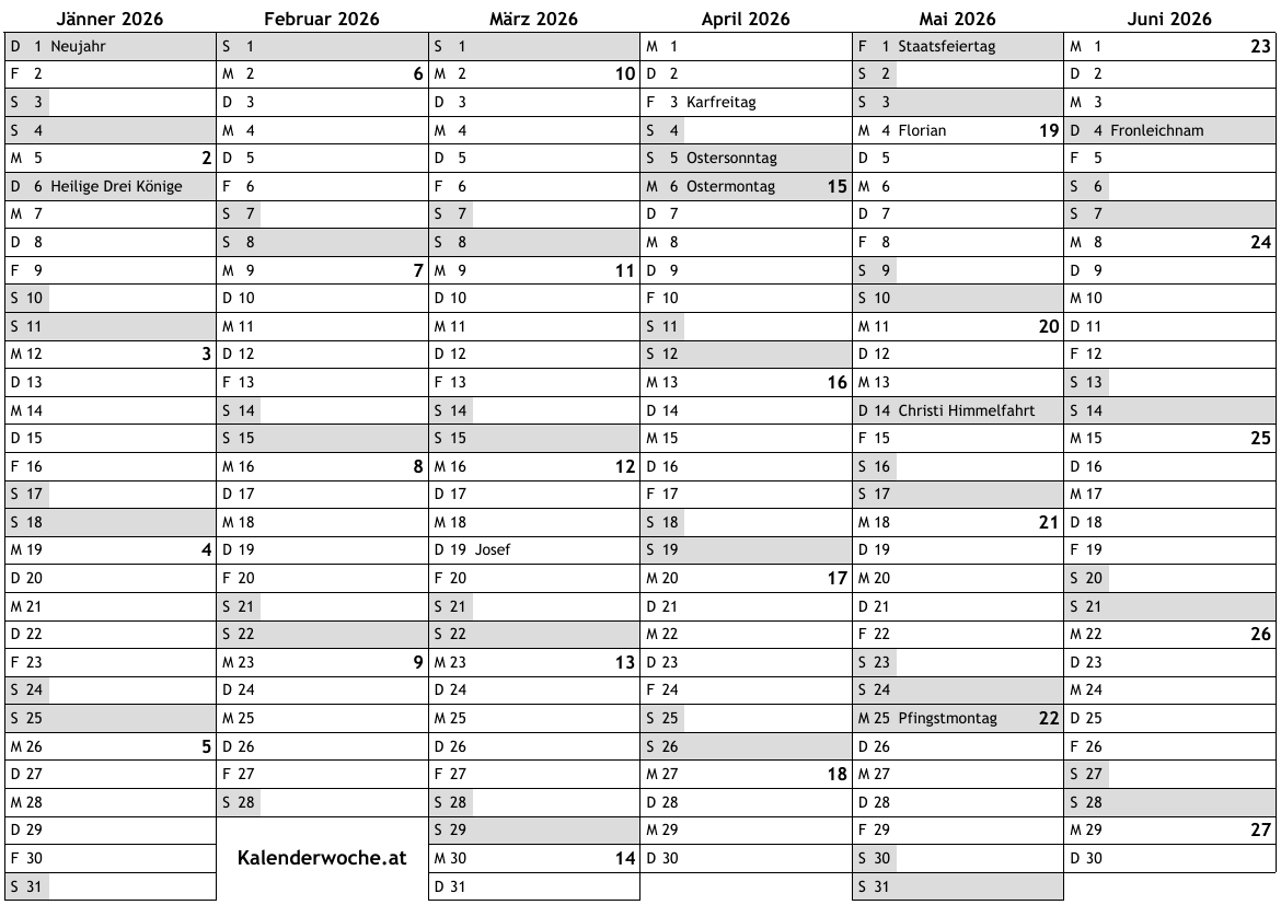 Kalender 2026 Mit Kalenderwochen Und Feiertagen In sterreich Online Wochenkalender Mit Kw Kostenlos Jahreskalender Wochen Download PDF A4 Drucken