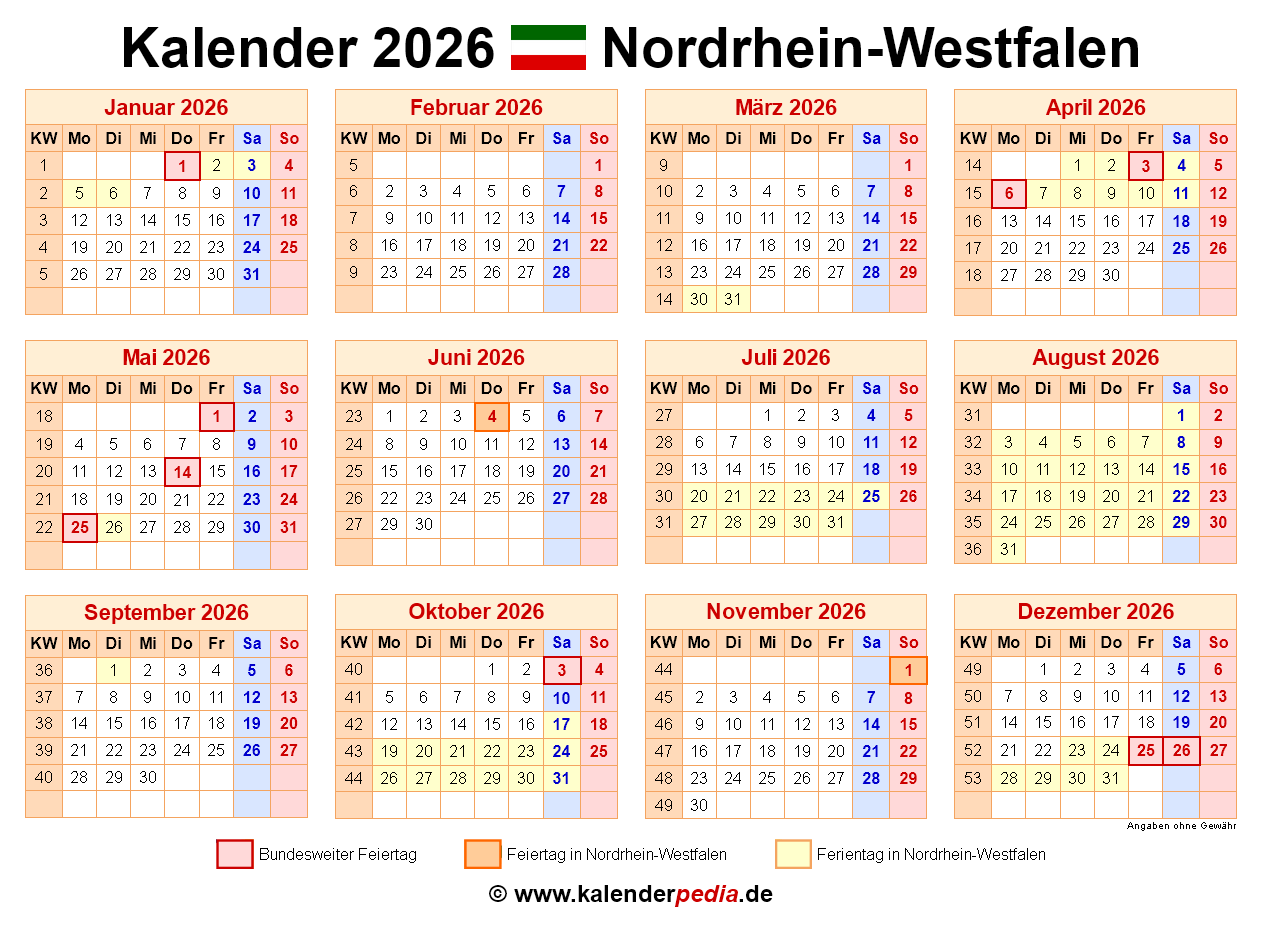 Kalender 2026 NRW Ferien Feiertage PDF Vorlagen
