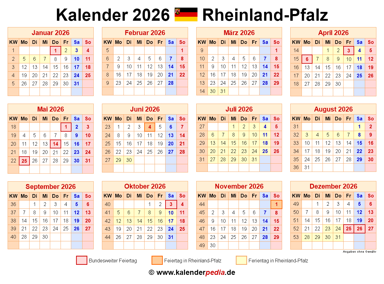 Kalender 2026 Rheinland Pfalz Ferien Feiertage PDF Vorlagen