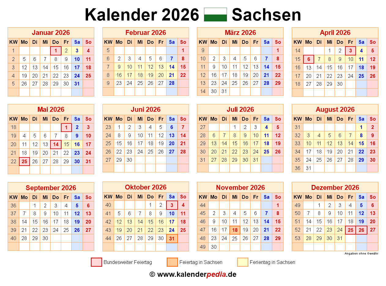 Kalender 2026 Sachsen Ferien Feiertage PDF Vorlagen