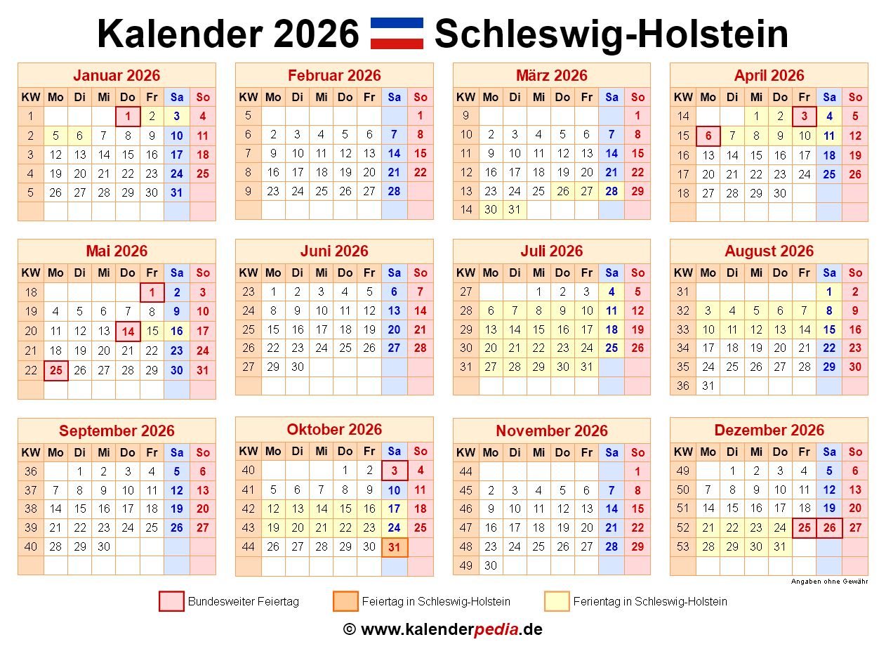 Kalender 2026 Schleswig Holstein PDF Vorlagen Mit Ferien